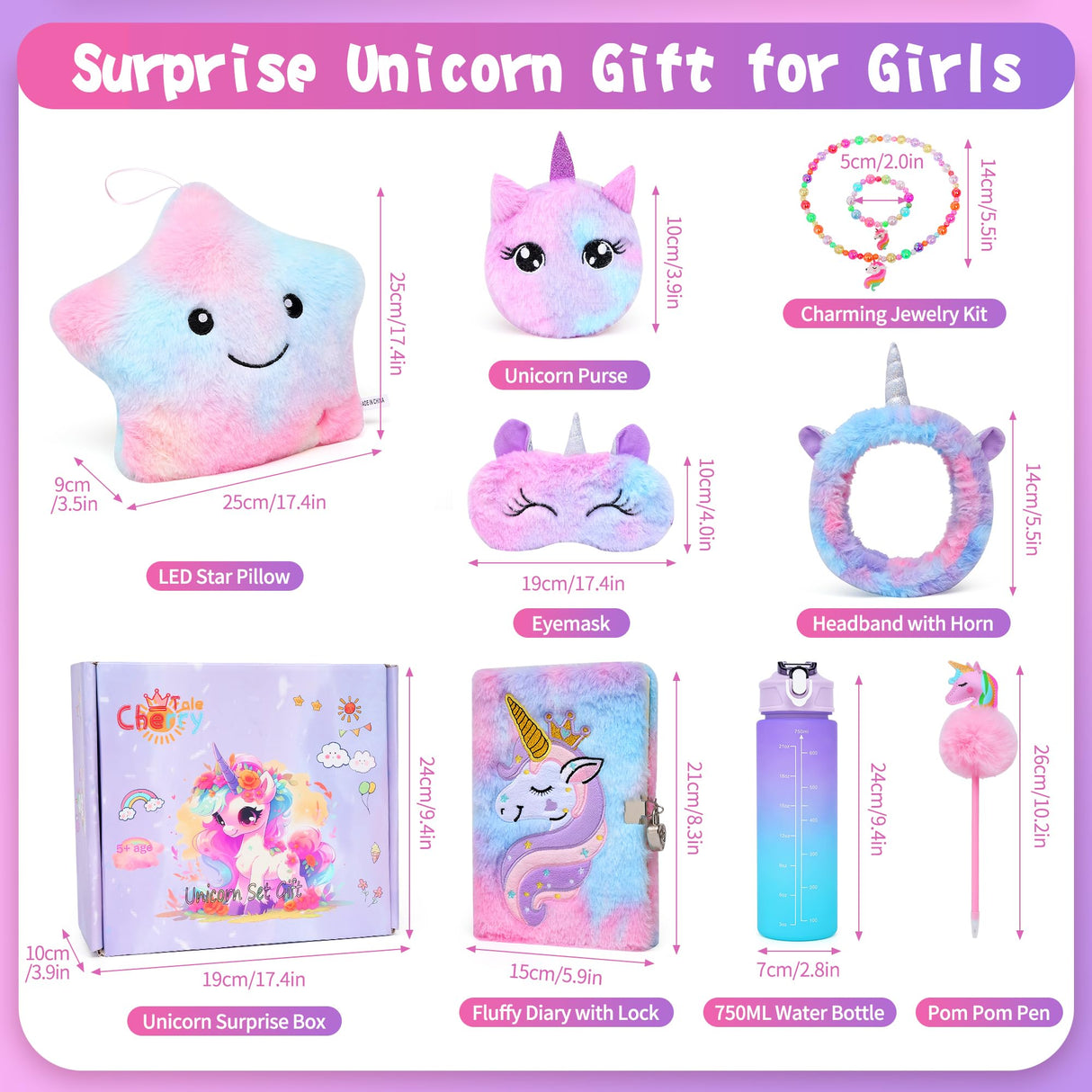 Cherry Tale Unicorn Gifts for Girls Age 6-8, Kids Unicorn Toys Set with Light Up Star Pillow Diary Headband Eye Mask Christmas Birthday Gifts for Little Girls Age 4 5 6 7 8 9 10