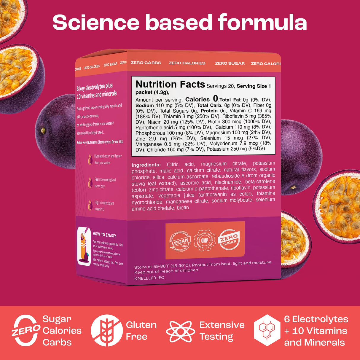 KEY NUTRIENTS Multivitamin Electrolytes Powder Packets - Delicious Passion Fruit 20 Pack Hydration Packets - Travel Hydration Powder - No Sugar, No Calories, Gluten Free - Made in USA