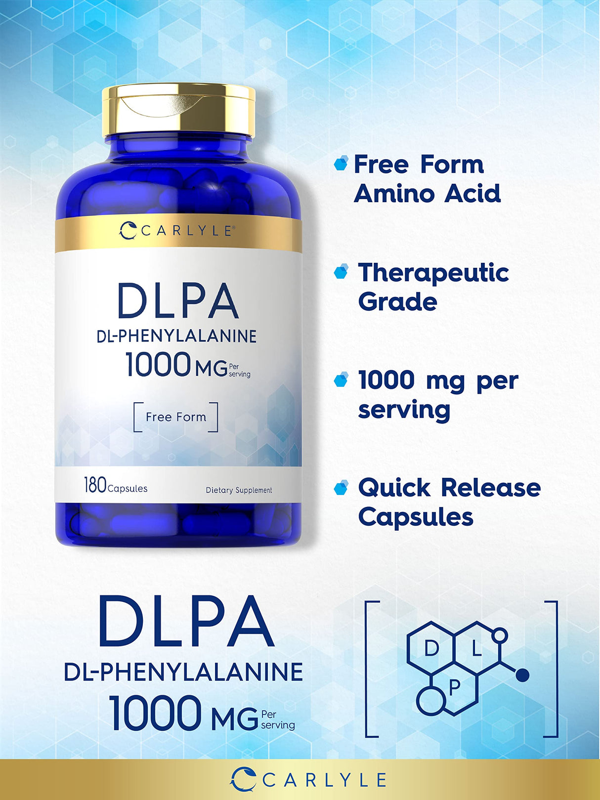 Carlyle DL-Phenylalanine | 1000mg | 180 Capsules | Non-GMO and Gluten Free Formula | DLPA Free Form Supplement