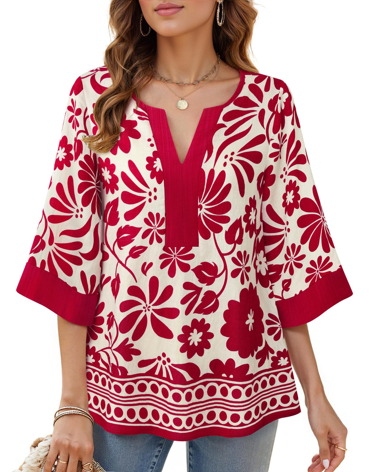 Bebonnie Office Tops for Women Work: 3/4 Sleeve V Neck Dressy Blouses for Women - Womens Blouses Dressy Casual Bell Sleeve Fall - Ladies Tunic Tops Plus Size for Holiday Christmas Multi Red XXL