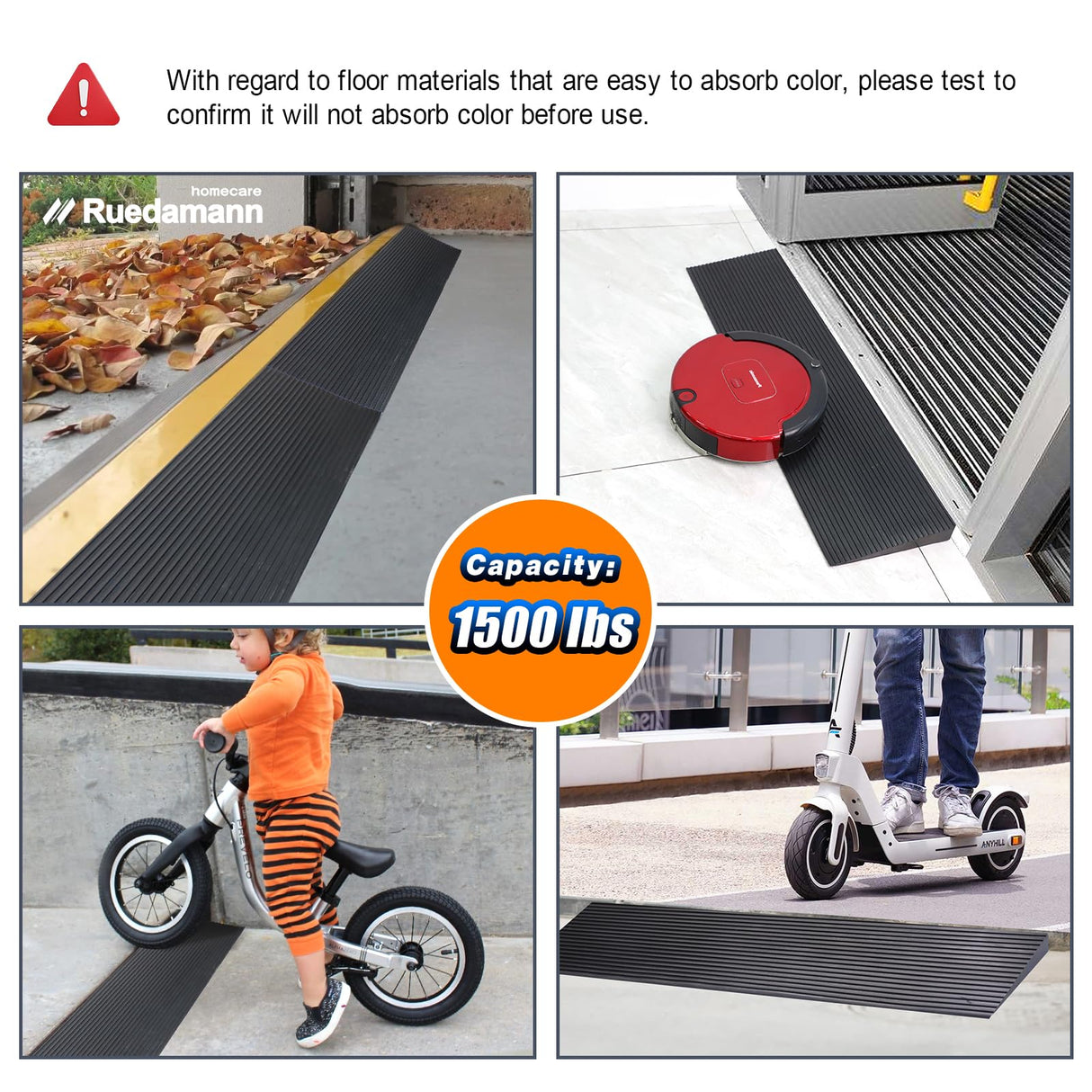 Ruedamann 1" Rise Threshold Ramp,1500 LBS Capacity, 35.4" Wide Natural Rubber Power Wheelchair Ramp, Cuttable for Doorways, Non-Slip Rubber Threshold Ramp for Doorways,Driveways, Bathroom