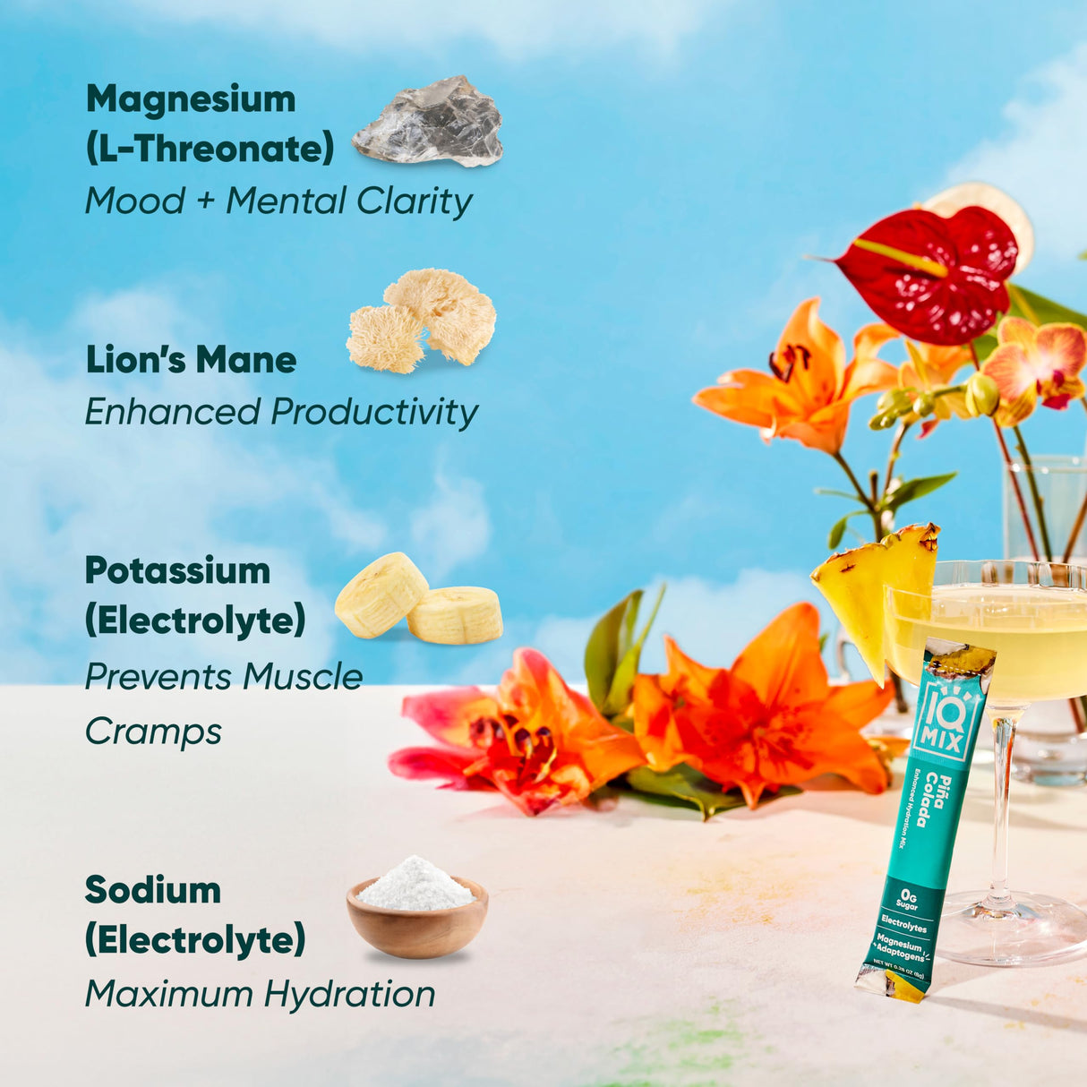 IQMIX Hydration Electrolyte Powder – 4-in-1 Formula for Hydration, Mental Clarity, Mood and Recovery – Sugar-Free Drink Mix, Keto, Magnesium L-Threonate, Lion’s Mane – 40 Count Piña Colada