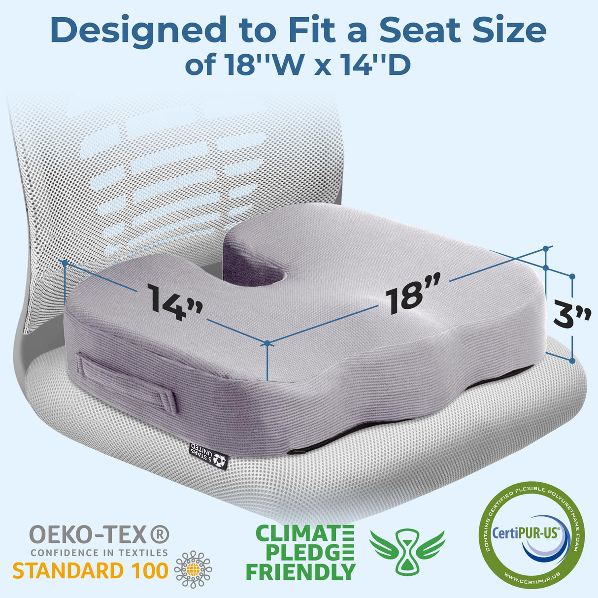 5 STARS UNITED Seat Cushion for Tailbone Pain Relief โ Memory Foam Lifting Pillow for Coccyx, Hip, Hemorrhoid, Sciatica & Post-Surgery Recovery โ Wheelchair, Car, Desk, Gaming & Office Chairs, L Gray