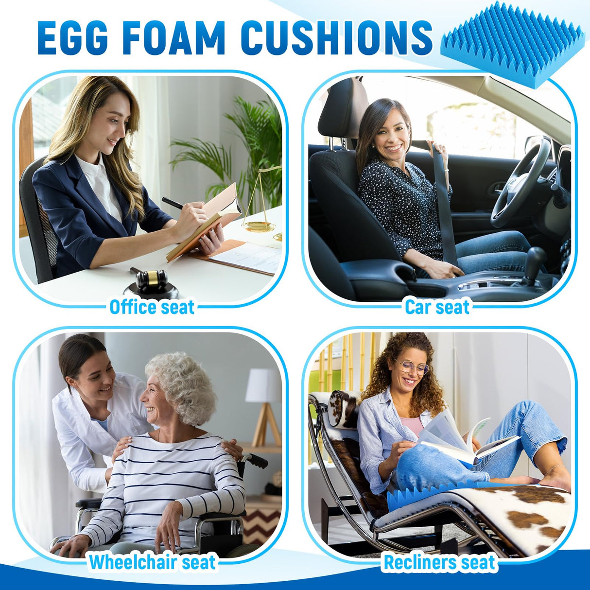 Geiserailie 2 Pcs Egg Foam Pad Egg Chair Cushion to Relieve Back Foam Seat Cushion Chair Accessories Pad for Office Recliner Wheelchair Home Car (Blue)