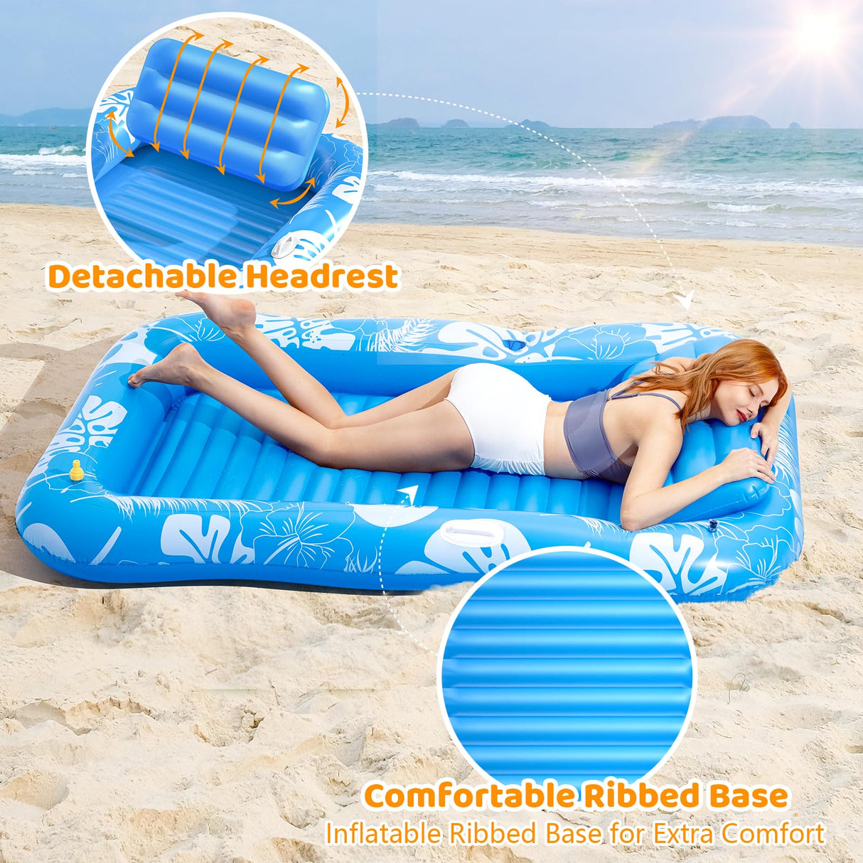 Inflatable Tanning Pool Lounger Float with Sprinkler, 77" x 48" Pool Floats Adult with Pillow, 6 in 1 Suntan Tub Raft Floatie with Drink Holder Sunbathing Water Lounge