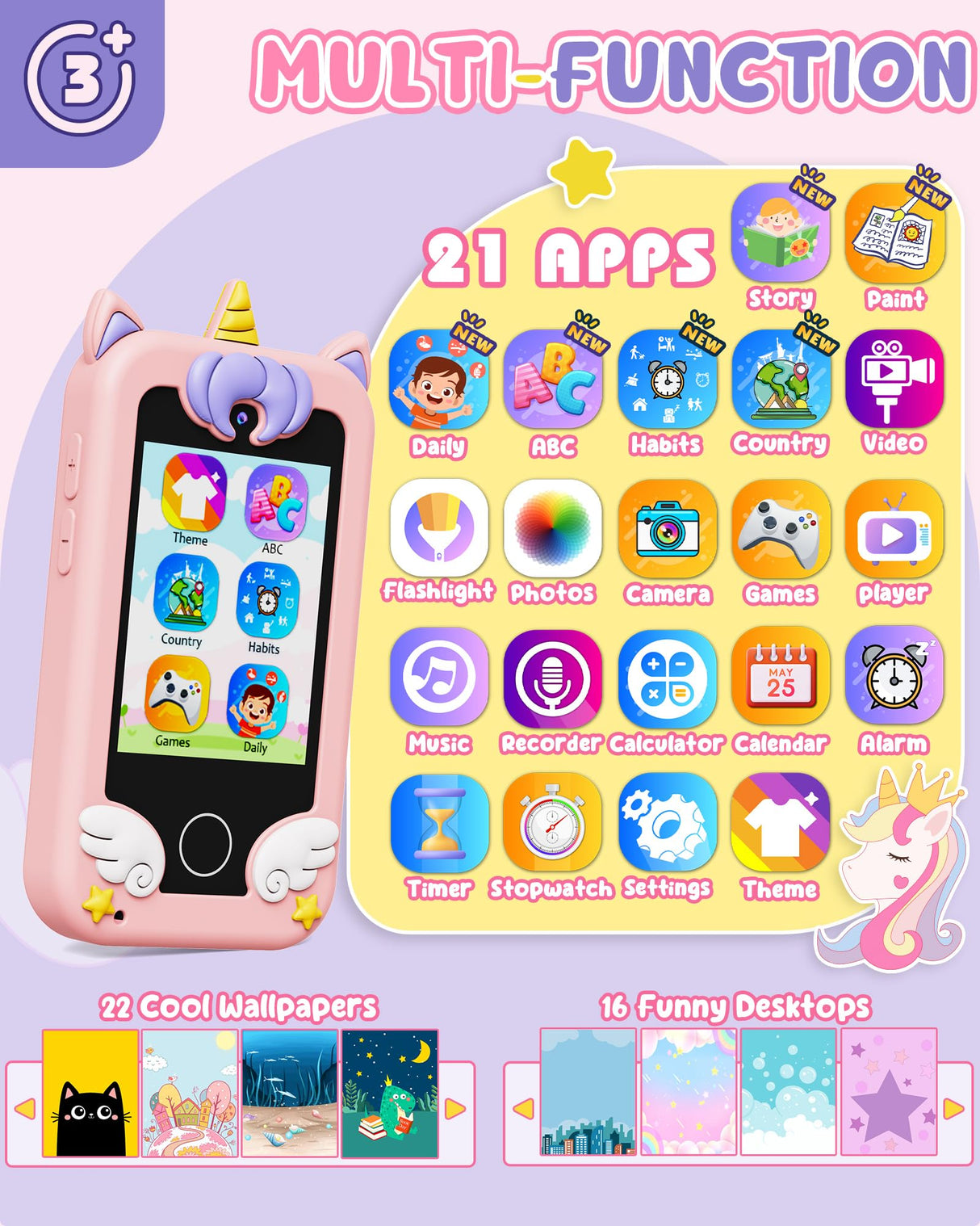 UCIDCI Unicorn Kids Smart Phone Toys for Girls Ages 3-7 with Dual Camera - Toddler Phone with Learning Games, Travel Toys with MP3 Music Player for Christmas, Birthday Gifts for 3 4 5 6 7 Year Old