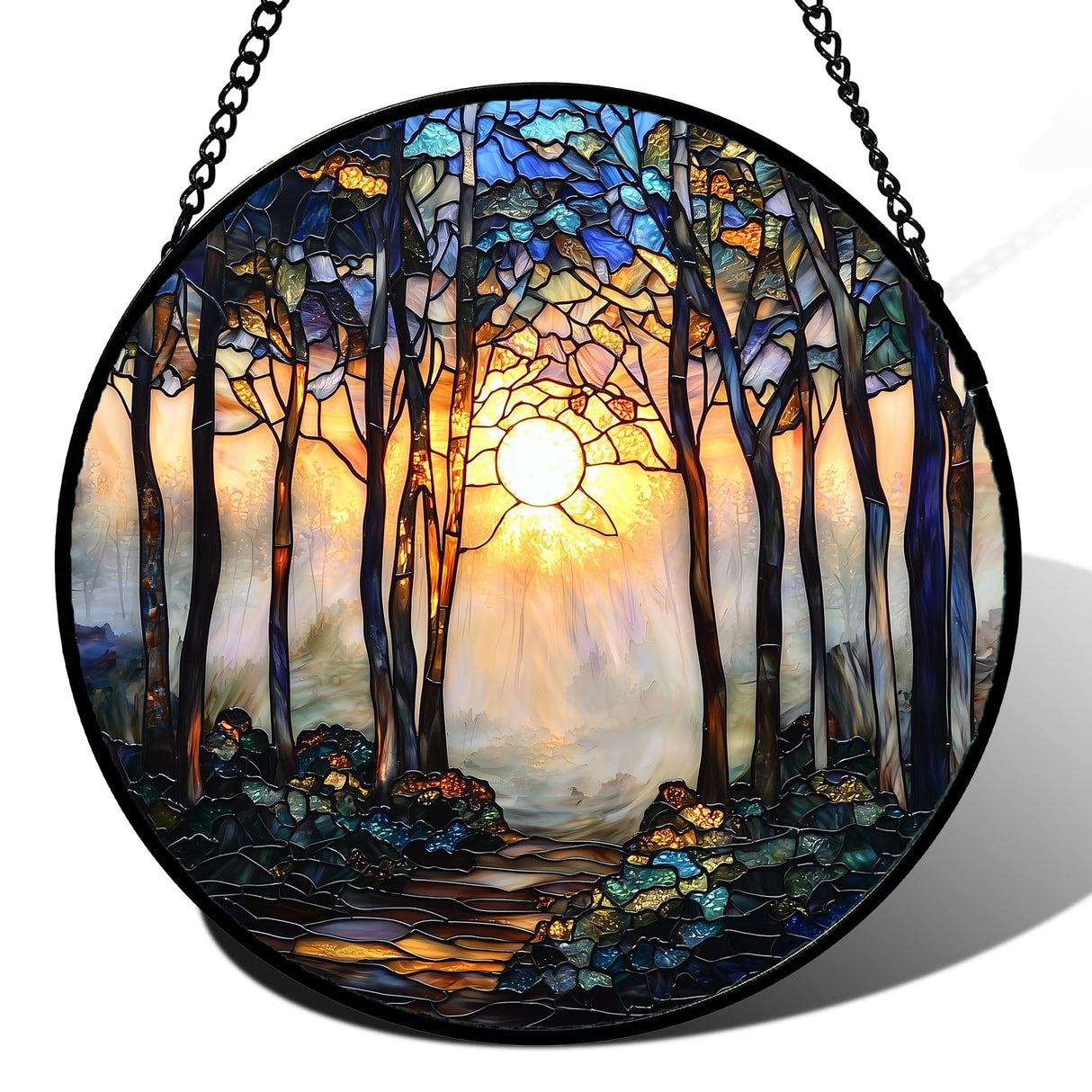 DASTOLL Stained Glass Window Hanging, Forest Sunrise Smoke Blue Brown Tree Suncatcher for Doors Window Home Landscape Sun Catchers Decor Mother's Day Birthday Gifts for Women, Men Mom 6.3 in