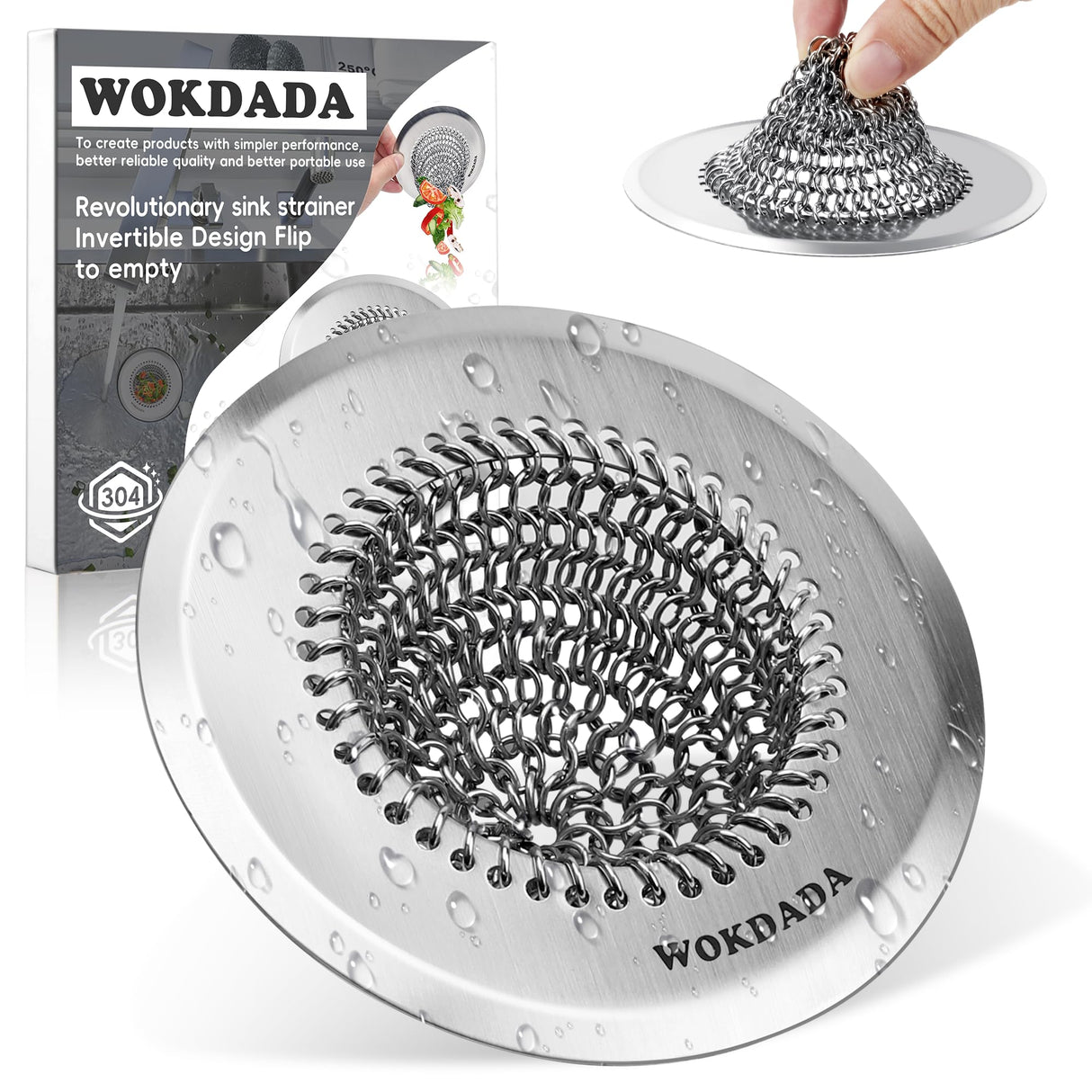 Revolutionary Kitchen Sink Drain Strainer/Patented Reversible Chain Mesh, Effortless Cleaning & Debris Catcher, Large Capacity, No Clog, 304 Stainless Steel & Rust-Proof/Handmade