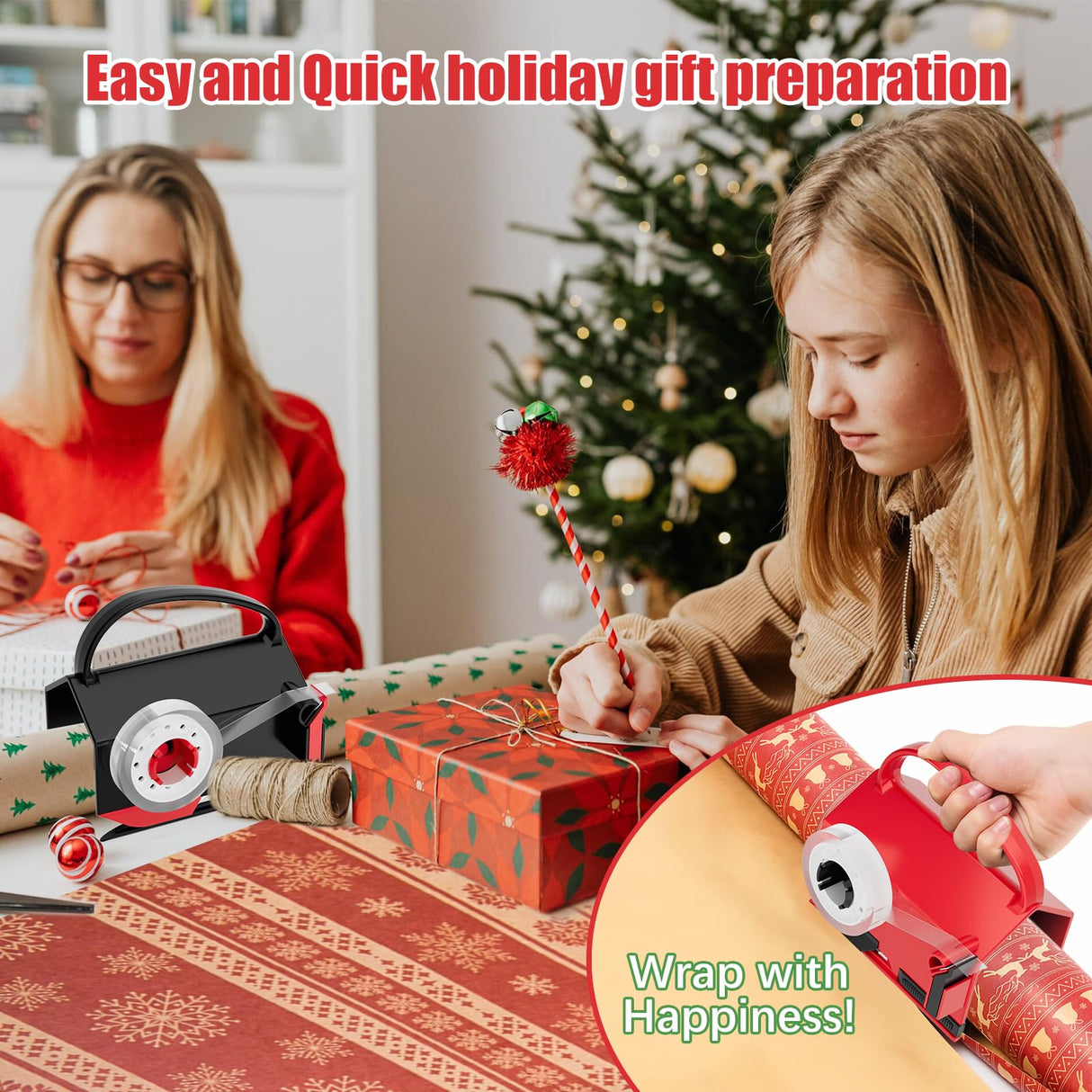 2-Pack Wrapping Paper Cutter & Tape Dispenser for Christmas Gift, Improve Gift Packaging Efficiency, Makes The Cutting line straighter, Cutting Tool with 4 Tapes,2 Replace Blades Kit, Red and Black