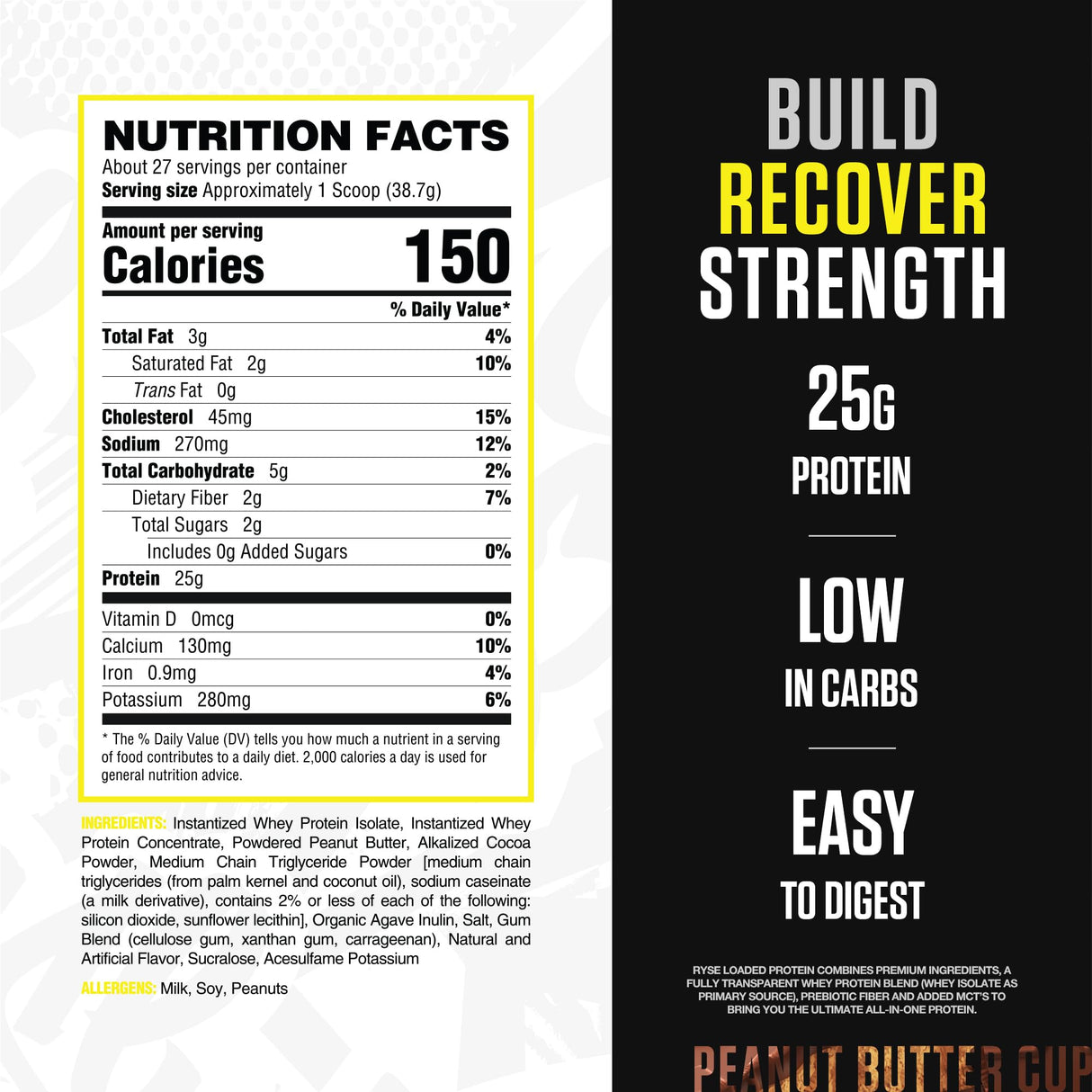 RYSE Loaded Protein Powder - Peanut Butter Cup - 25g Whey Protein Isolate & Concentrate with Prebiotic Fiber & MCTs - Low Carb, Low Sugar, Digestive-Friendly - 27 Servings / 2 lb Tub
