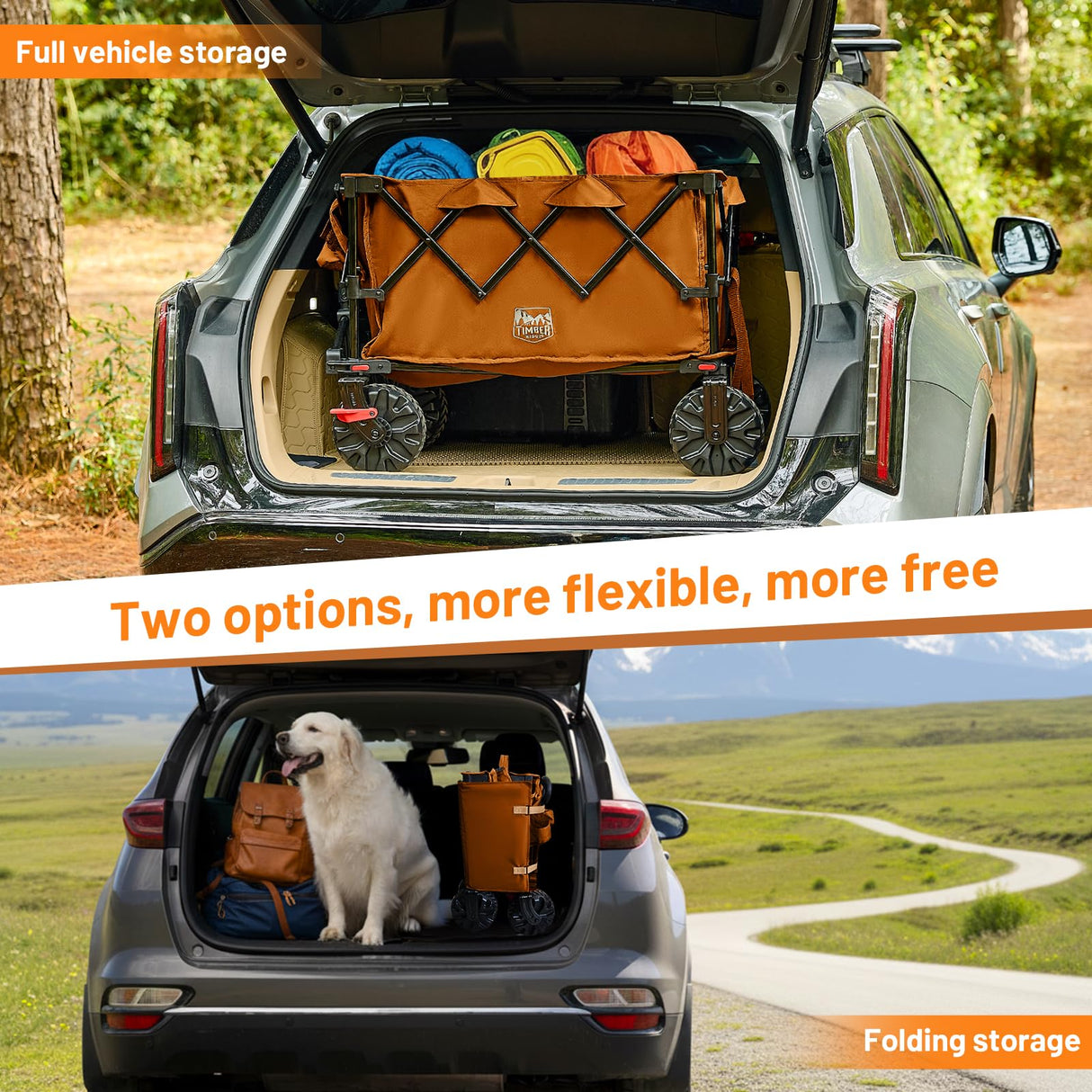 TIMBER RIDGE Outdoor Collapsible Folding Wagon with Brakes and Cup Holders, 500lbs Heavy Duty All Terrain Wheels Utility Cart for Shopping Camping Garden Sports, Orange
