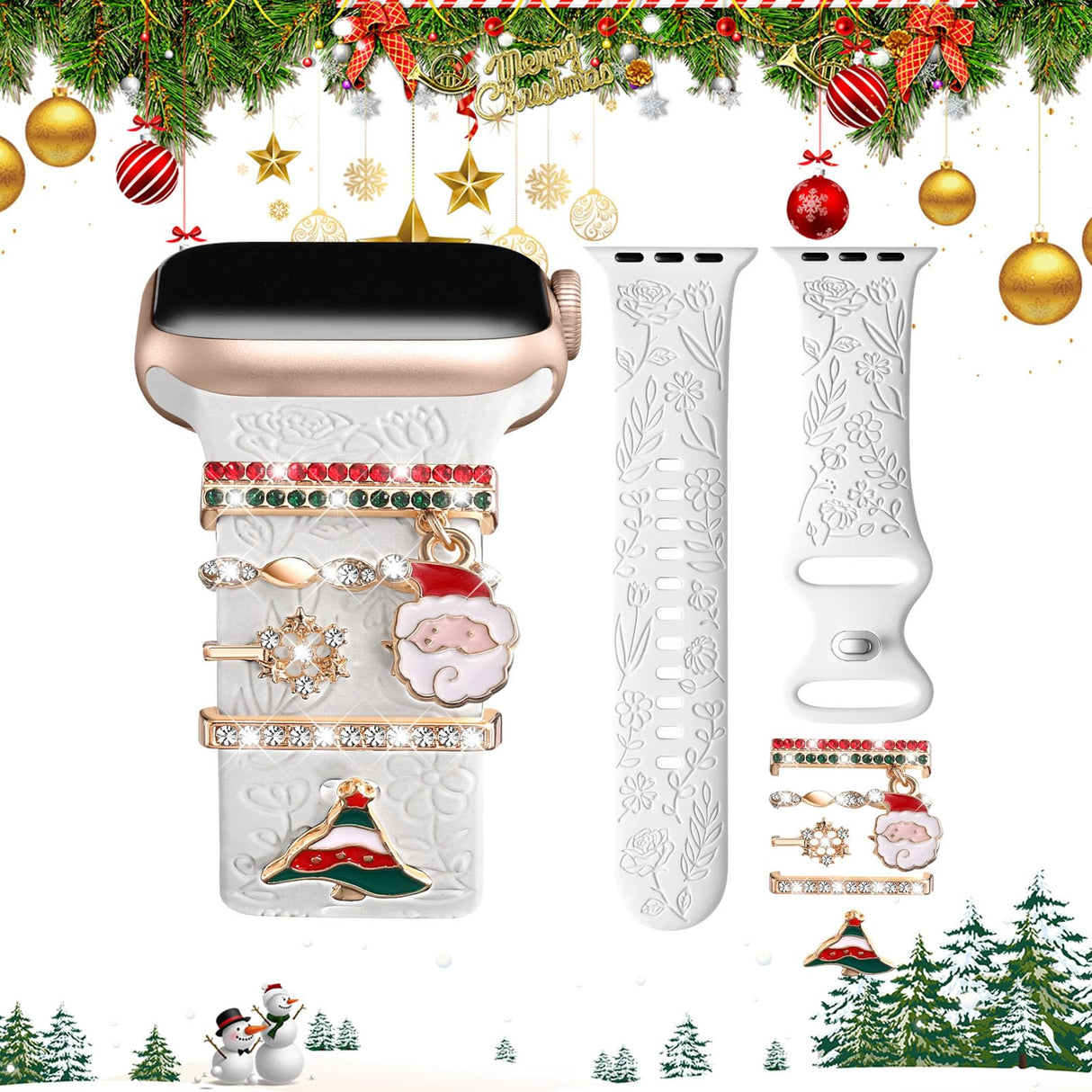 DaQin Christmas Engraved Band Compatible with Apple Watch Bands for Women 40mm 38mm 41mm 42mm,Soft Silicone Strap With Dressy Decorative Apple Watch Charms for iWatch Series 11 10 9 8 7 6 5 4 3 2 1 SE