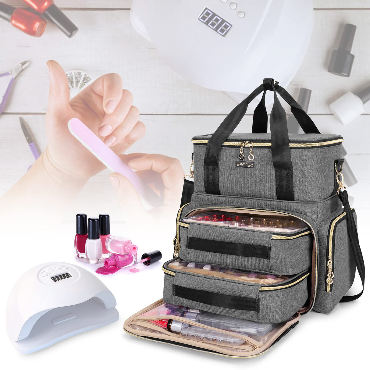 BAFASO Double Layer Nail Polish Organizer Holds 70 Bottles (15ml - 0.5 fl.oz) and a Nail Dryer, Nail Polish Case with 2 Removable Pouches and Tools Storage Sections (Patented), Gray