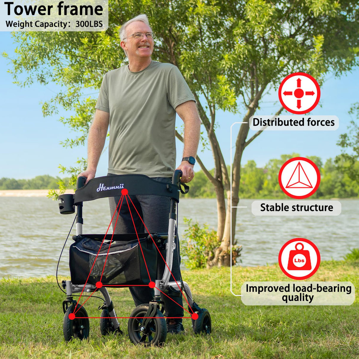 Henmnii Rollator Walker for Seniors, Lightweight Foldable All Terrain Rolling Walker with seat, Aluminum Walkers with 10 inch Rubber Wheels, Handles and Backrest for Seniors and Adult