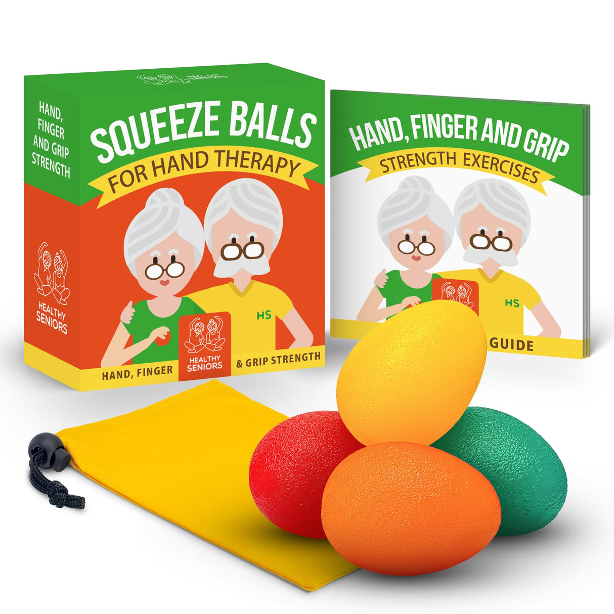 Squeeze Balls for Hand Therapy - Set of 4-Hand Exercise Balls for Arthritis & Carpal Tunnel - Strengthens Wrist & Fingers - Premium Stress Ball for Adults Therapy with a Complete Guide Book