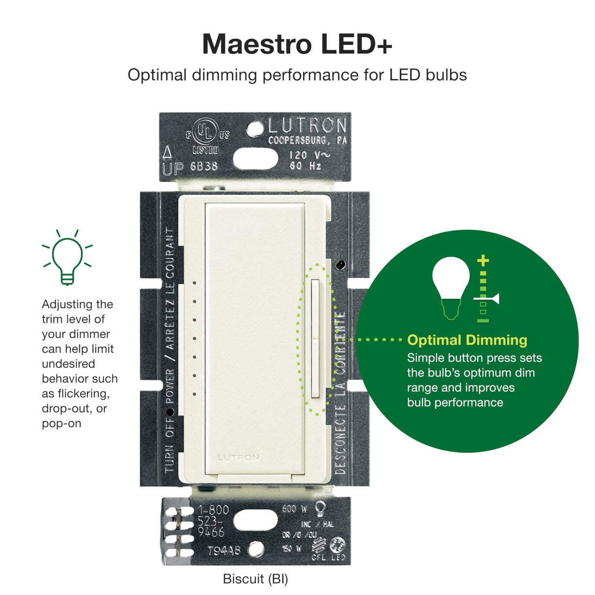 Lutron Maestro LED+ Dimmer Switch for Dimmable LED, Halogen and Incandescent Bulbs, 150W/150W/Single-Pole or Multi-Location, MACL-153M-AL, Almond
