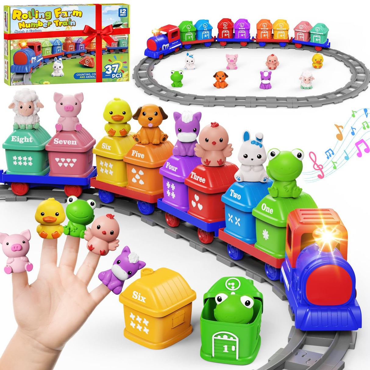 Train Set Toddler Learning Toys for 1 2 3 4 Year Old Boy Girl - Montessori Electric Train Set with Counting Matching & Sorting Activity with Farm Animals, Finger Puppets, Christmas Birthday Gift 2-4