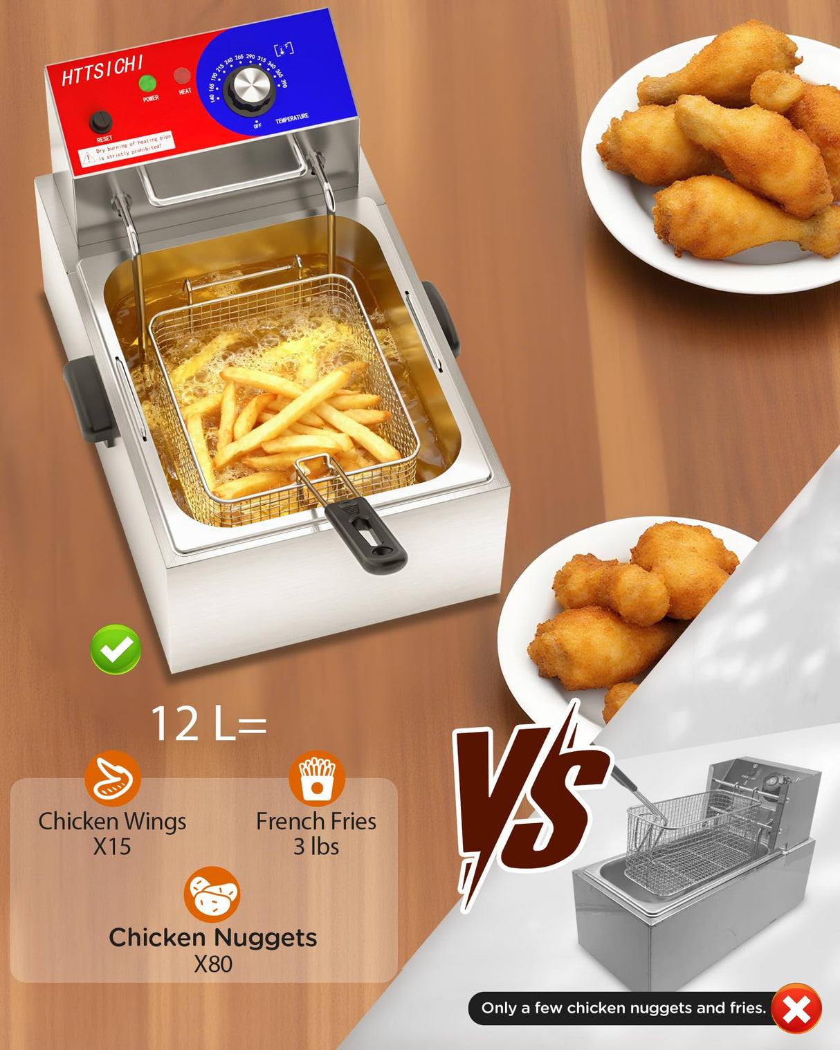 HTTSICHI Commercial Deep Fryer - 12 L Electric Deep Fryer with 6 L Basket, Commercial Deep Fryer with Basket, Stainless Steel Countertop Deep Fryer w/Adjustable Temperature and Restaurant Use