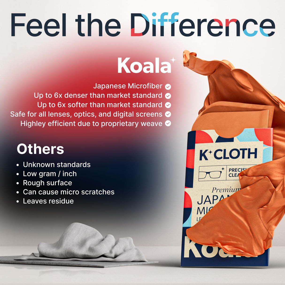 Koala Lens Cleaning Cloth | Japanese Microfiber | Glasses Cleaning Cloths | Eyeglass Lens Cleaner | Eyeglasses, Camera, VR/AR Headset, and Screen Cleaner | Pink & Orange (Pack of 12)