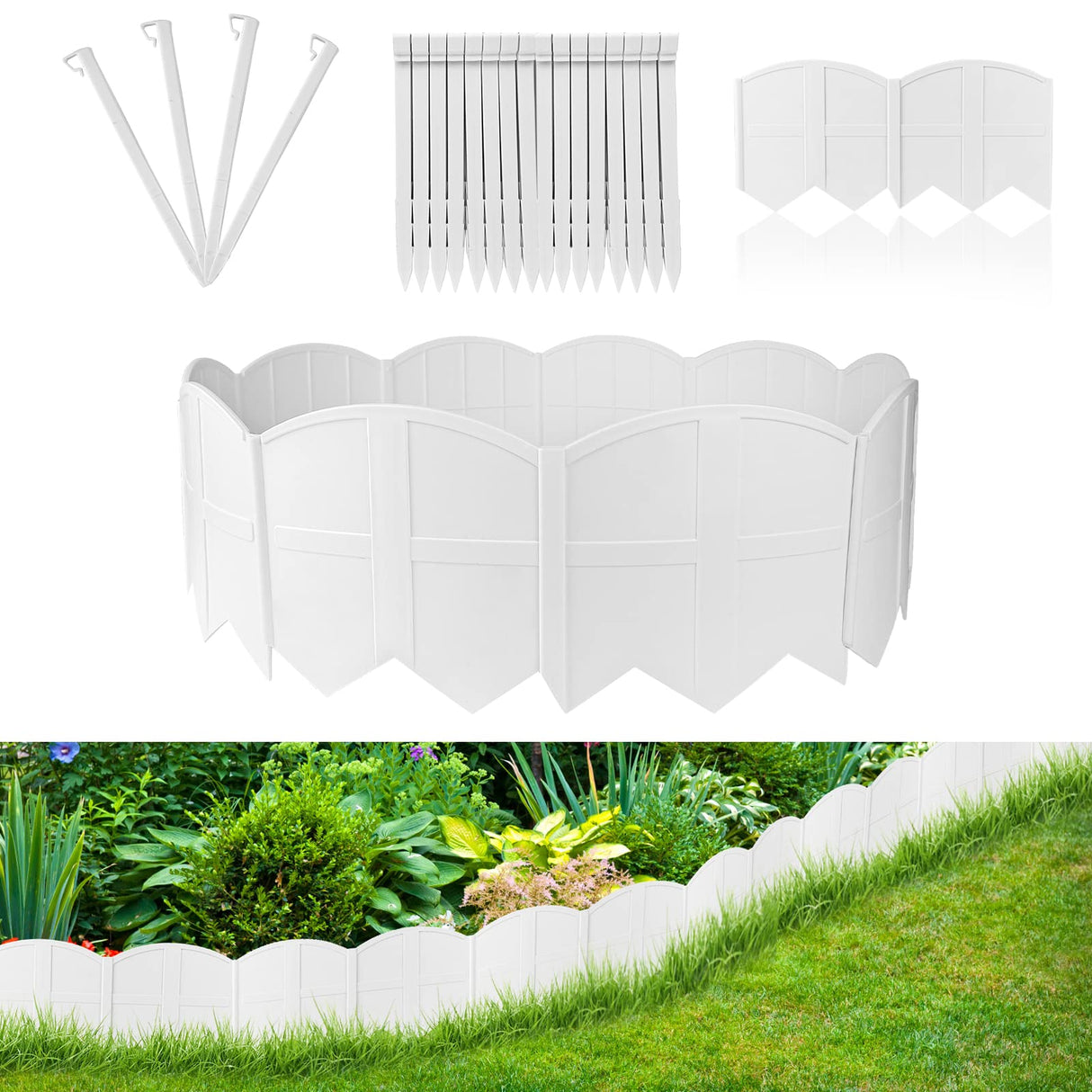 6 Inch Tall 20Ft White Landscape Edging Border with 7.8In Stakes,20Pcs