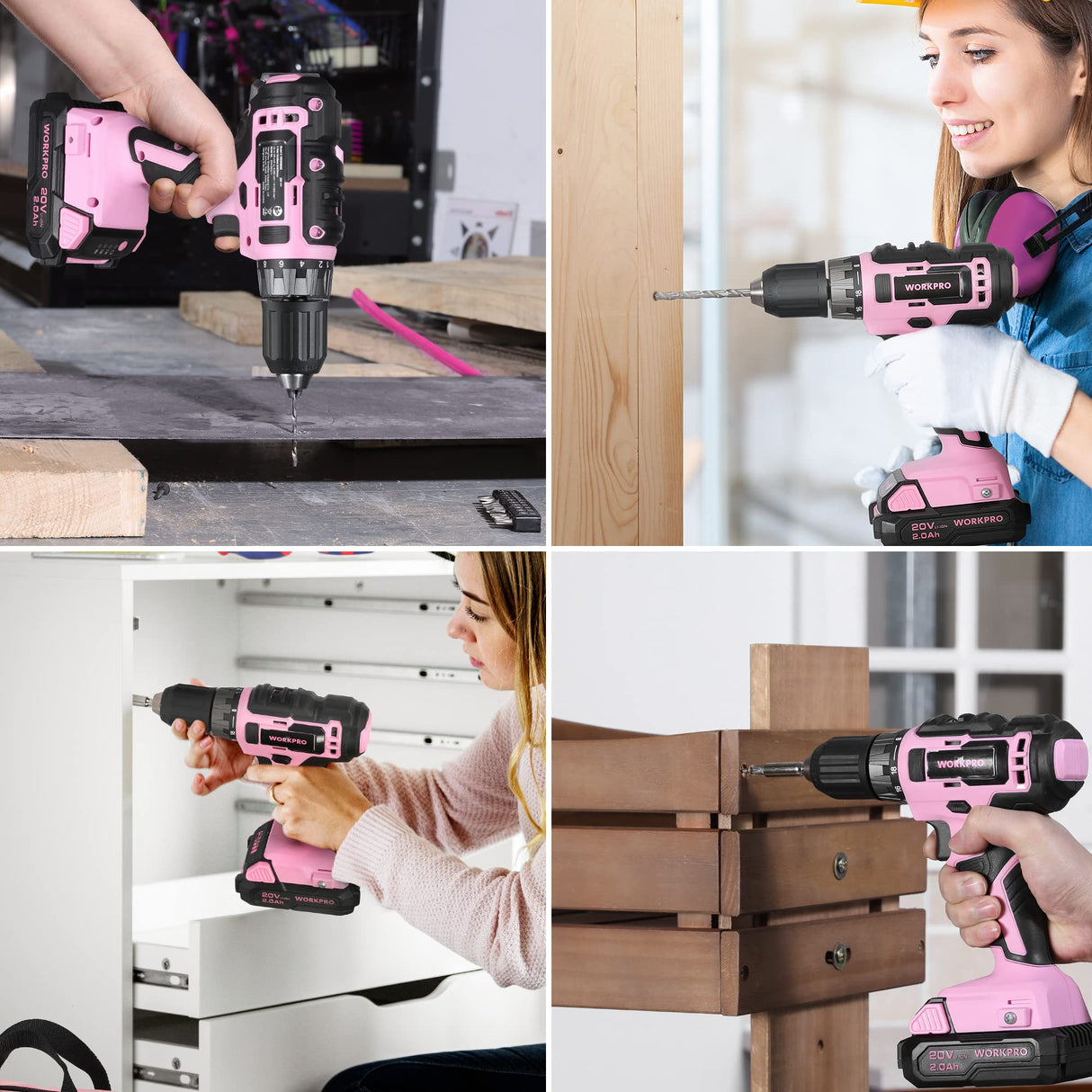 WORKPRO Pink Drill Set for Women, Tool Kit with 20V Cordless Lithium-ion Drill Driver, Pink Tool Set, Lady's Repairing Kit with 14-Inch Storage Bag, 157PCS