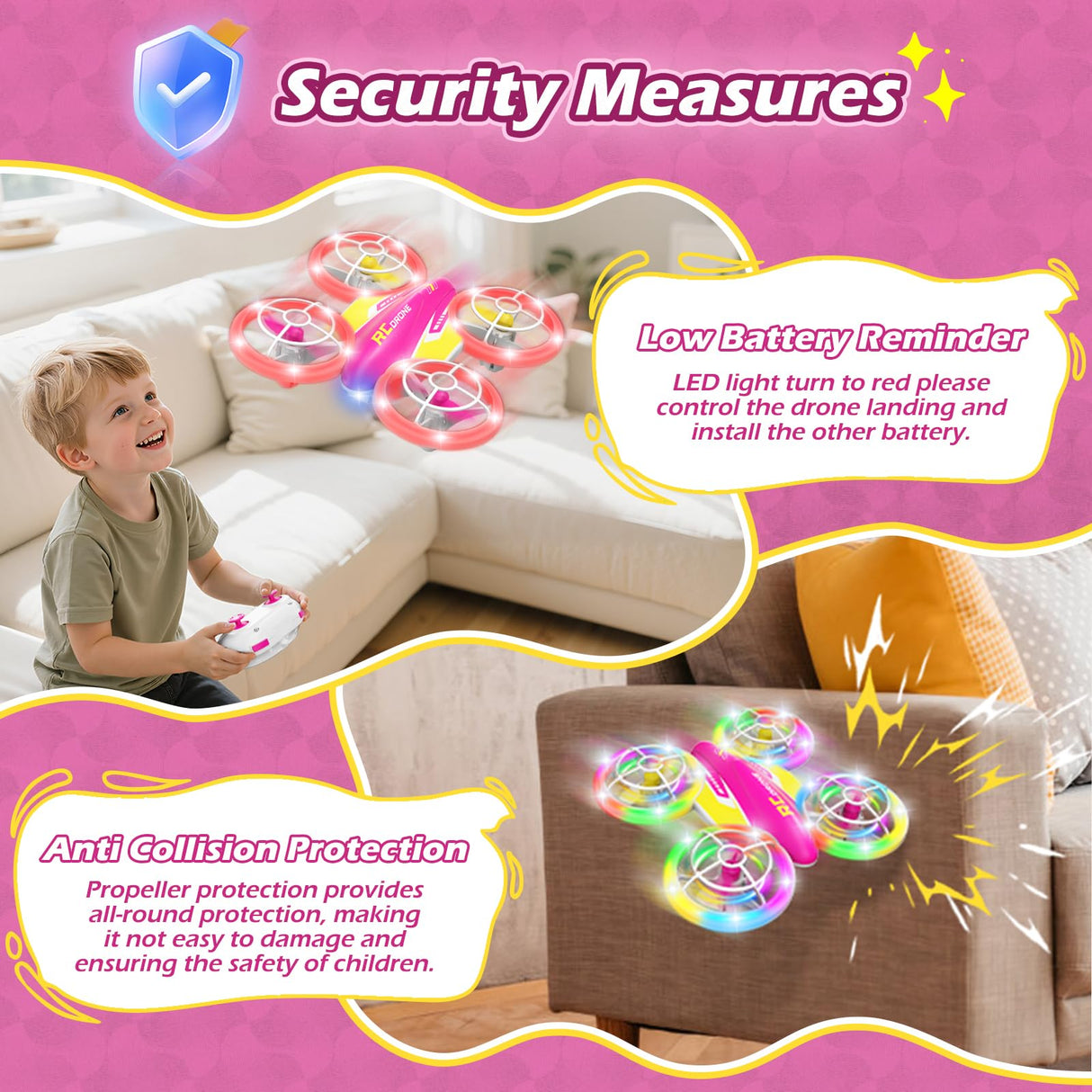 FUNPX LED RC Drone for Kids 6+, Christmas Birthday Gift for Boys & Girls with Remote Batteries, 360° Flips, 3 Speed Modes, 45 Min Flight Indoor and Outdoor Flying Toy - RoseRed Yellow