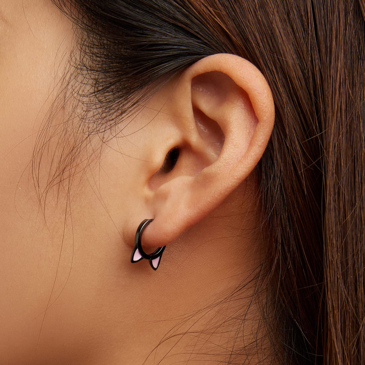 Black Cat Small Hoop Earrings Sterling Silver 925 Cute Animal Pet Pink Ears Cartilage Tragus Earrings Tiny Round Huggie Hoops Statement Earrings Fashion Jewelry for Women Girls