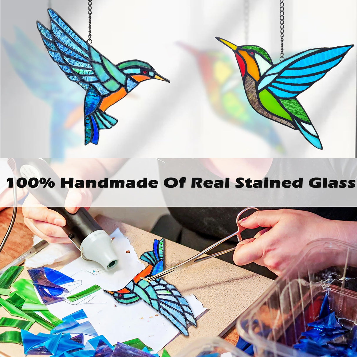 2 Packs Hummingbird Stained Glass Window,Real Handmade Stained Glass Window Hanging,Hummingbird Ornament,Suncatchers Decor for Women Mom Grandma Bird Lovers
