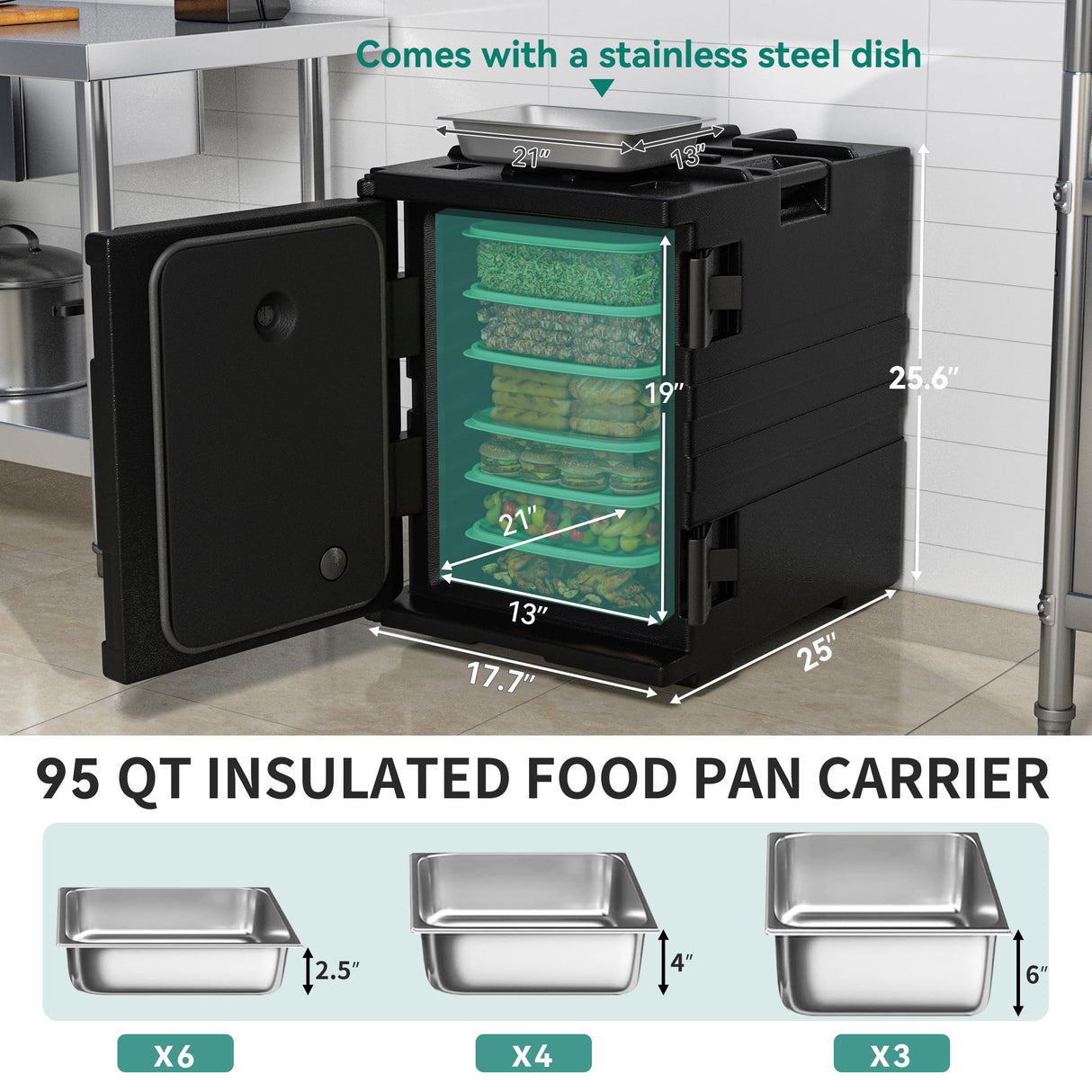 YITAHOME Insulated Food Pan Carrier, 95 Qt LLDPE Hot Box for Catering w/Stainless Steel Pan, Catering Food Warmer with Swivel Casters for 6 Full-Size Pans, Stackable Design for Restaurant Gathering