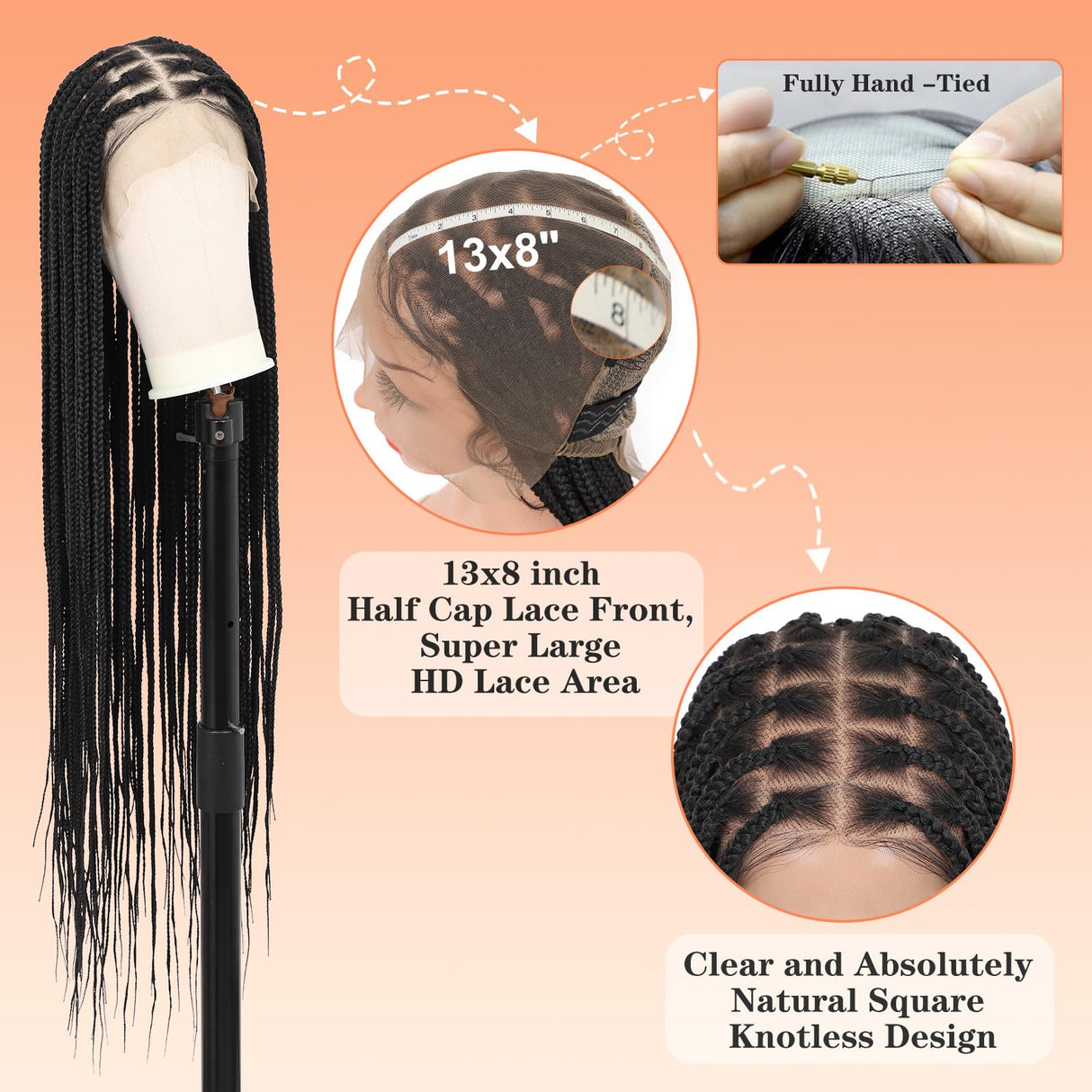 Brinbea 36'' 13X8" HD Lace Front Knotless Braided Wigs for Women Box Braid Wig with Baby Hair Braided Lace Front Wigs Human Hair Blended Braid Wig Natural Long Black