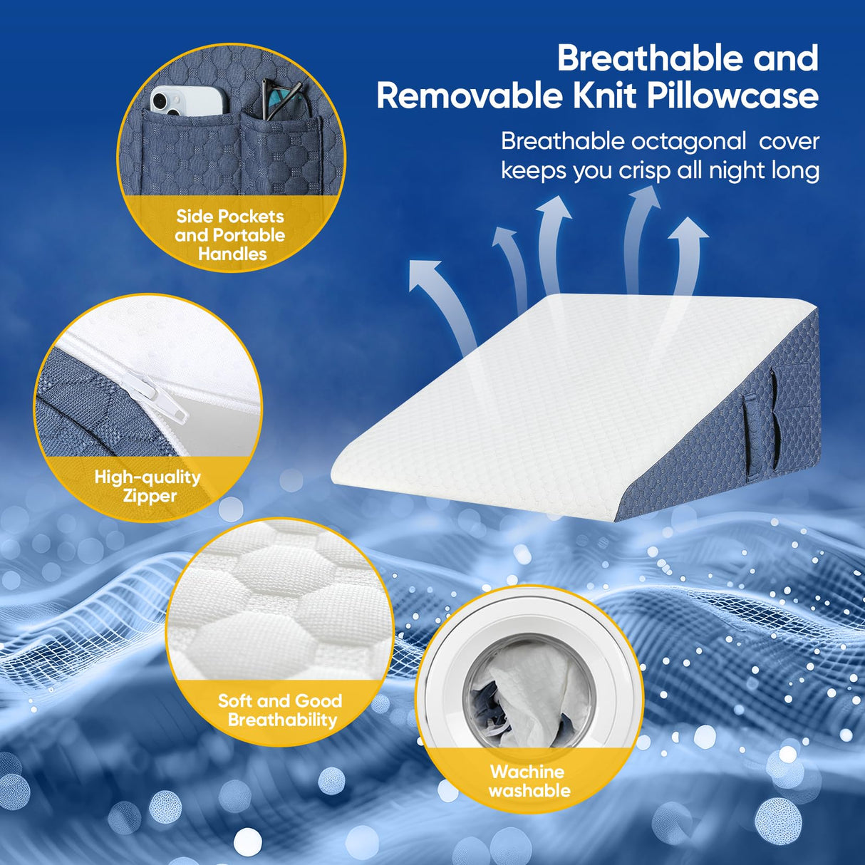 Welzona Wedge Pillow for Sleep, 10inch Bed Wedge Pillow for Headboard, Acid Reflux, Heartburn, GERD, Neck Pain, Cooling Memory Foam Top, Removable Washable Cover Triangle Pillow for Sleep