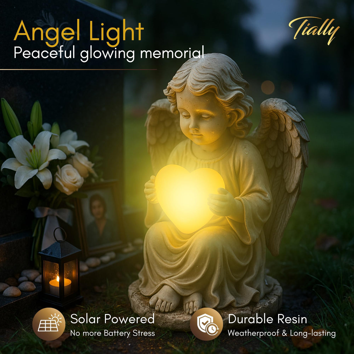 TIALLY Solar Garden Angel Statue – Praying Guardian Angel Statue Light for Outdoor Yard Decor, White Resin Garden Sculpture with Soft Glow for Angels Memorial or Cemetery Use