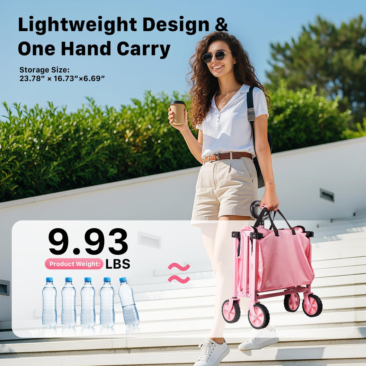 HOMBETTA 29.3" Collapsible Wagon Cart, 150L Heavy Duty Folding Utility Wagon with Wheels, 260 lbs Load, Portable Rolling Cart for Garden, Shopping, Sports, Camping, Pink