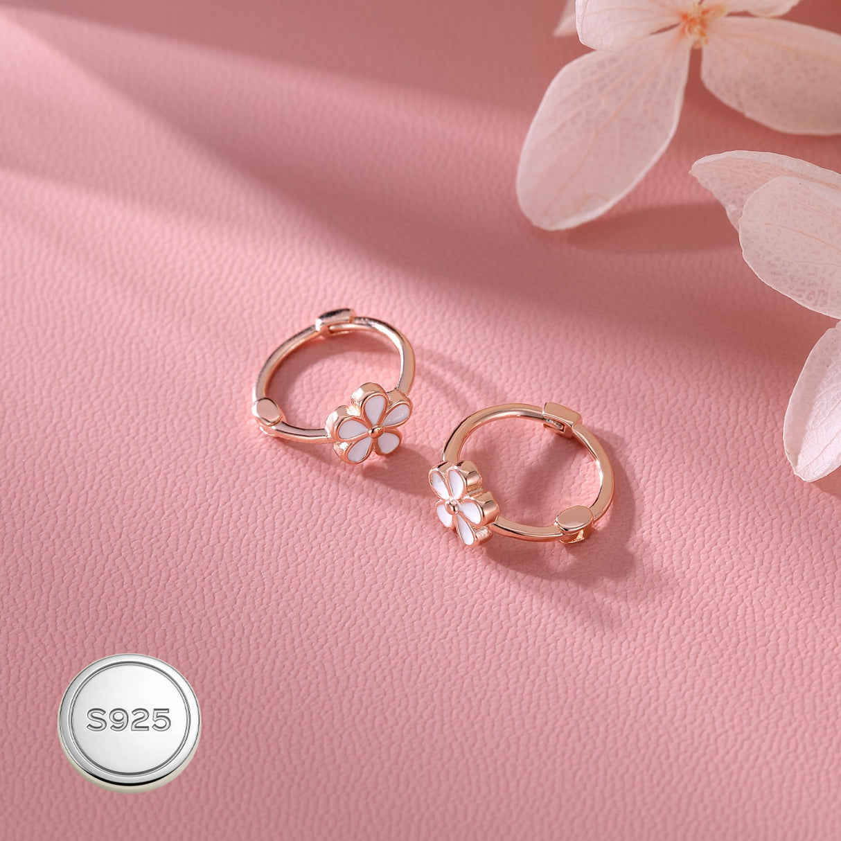 Reffeer Solid 925 Sterling Silver Flower Hoop Earrings Huggie for Women Teen Girls Daisy Hoop Earrings Cartilage Helix Earrings (C-Rose Gold)