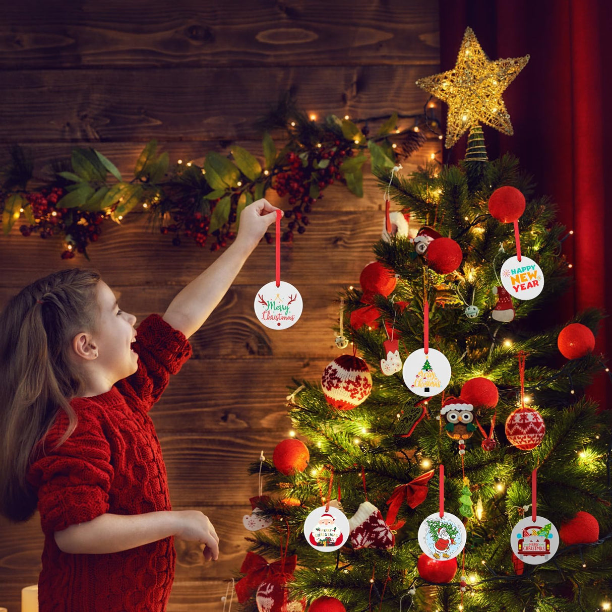 HTVRONT Sublimation Ornament Blanks 24PCS - Sublimation Christmas Ornament Blanks Ceramic Decorations - Baby Shower Decorations Sublimation Ceramic Ornaments Blanks with Red Strings (2.87in)