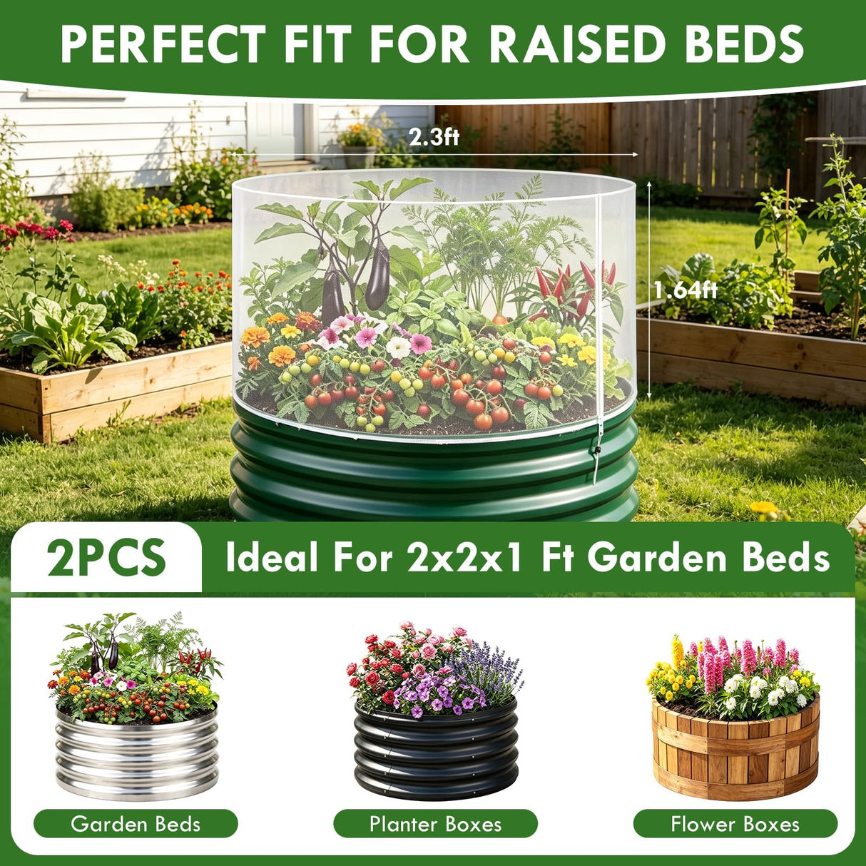 2 Pcs Garden Netting for Raised Beds for 2 FT Dia x 1 FT H Round Raised Beds Fine Mesh Plant Protection Covers with Drawstring & Zipper for Vegetables Herbs Flowers Seedlings