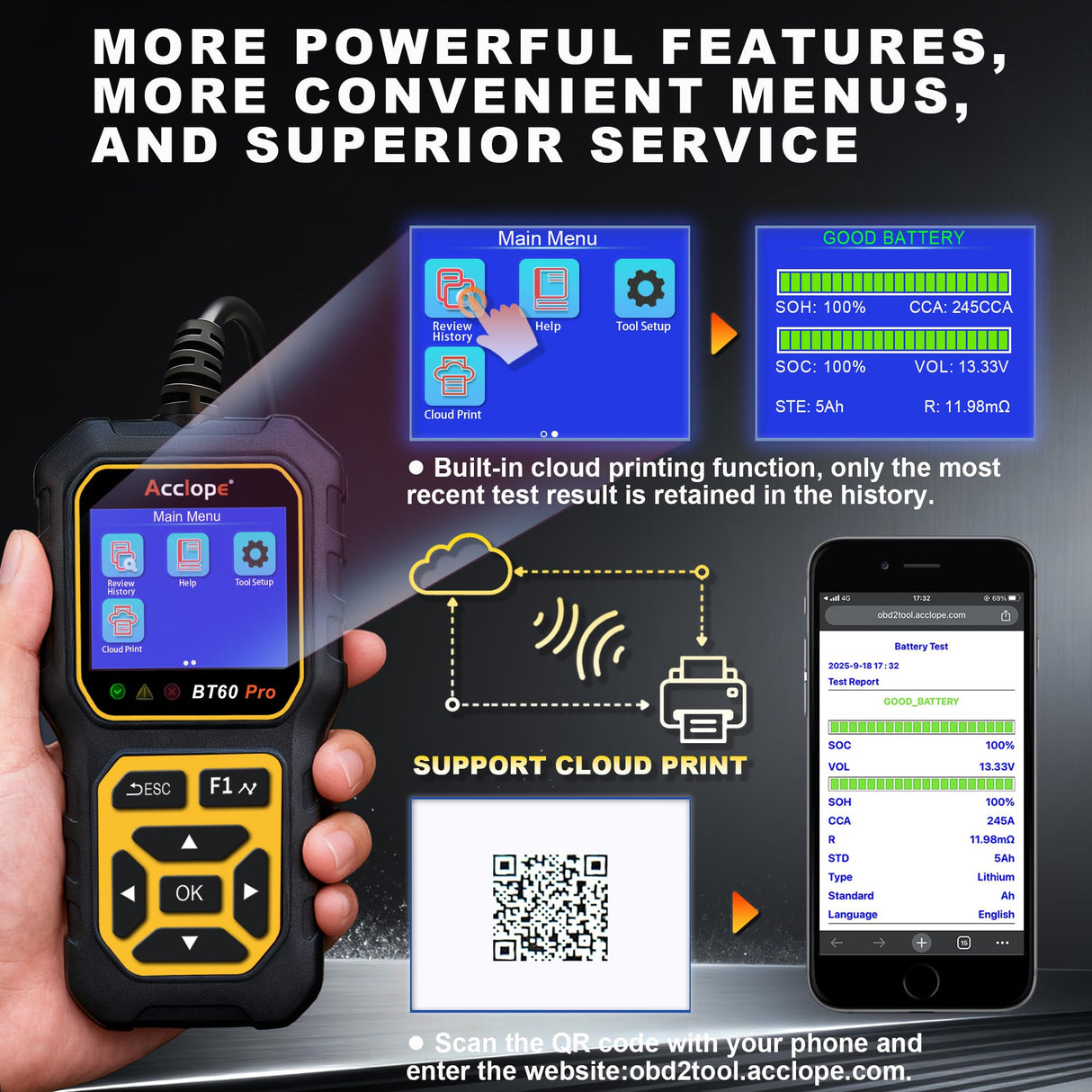 Acclope BT60 Pro Car Battery Tester, Digital Analyzer with Cloud Printing, 100-3000 CCA Range for 6V/12V/24V AGM, Lithium, Gel Batteries, Automotive Charging System