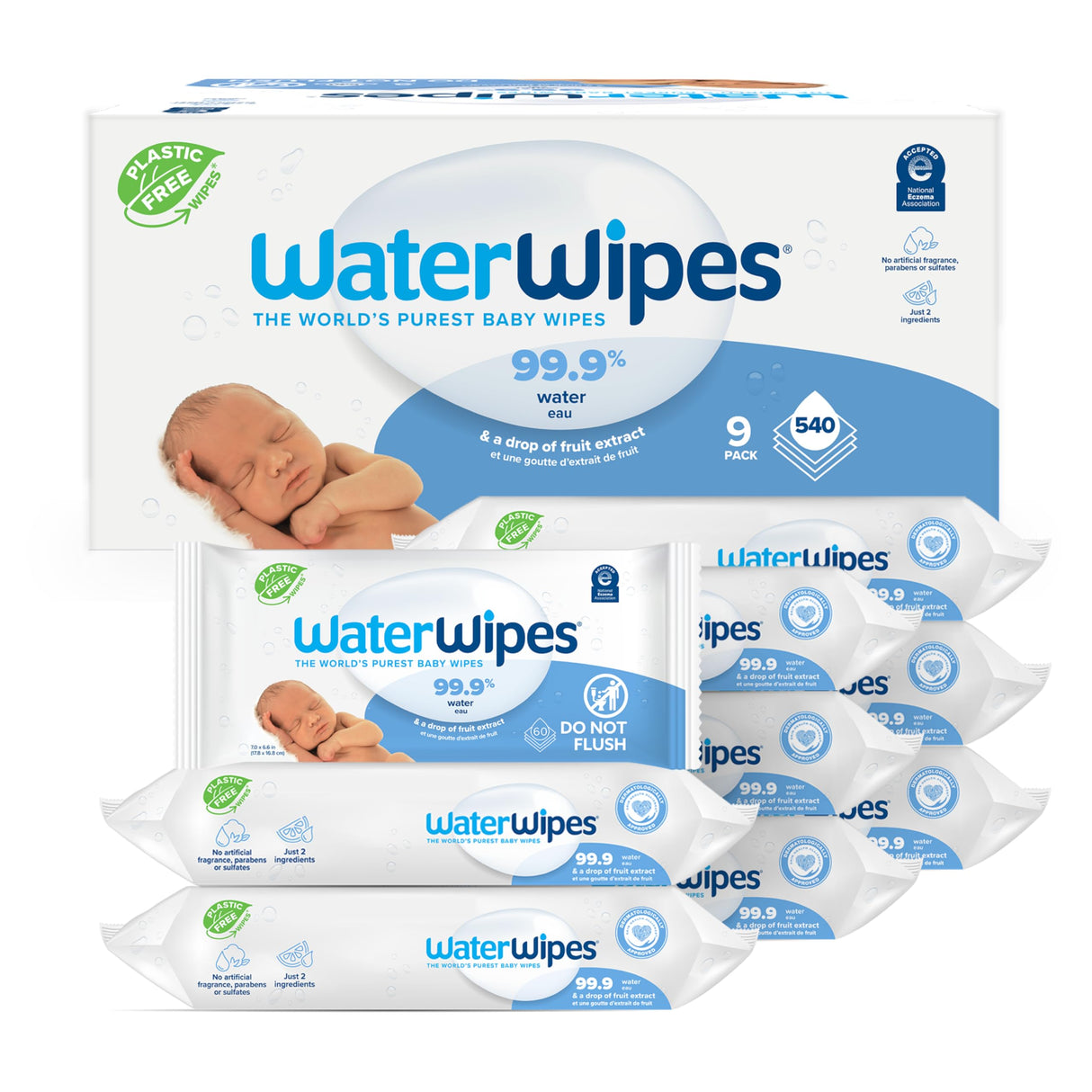 WaterWipes Plastic-Free Original Baby Wipes, 99.9% Water Based Wipes, Unscented & Hypoallergenic for Sensitive Skin, 1080 Count (18 packs)