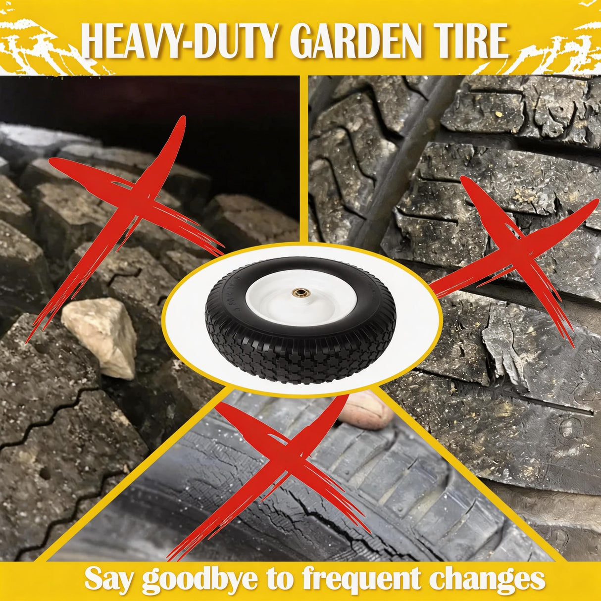 4.80/4.00-8 Wheelbarrow Tire Flat Free, 16'' Tire and Wheel 330LB Load Capacity, with 5/8" & 3/4" Bearings, 3''-4''-6''-7'' Adjustable Hub for Garden Cart, Hand Truck, Trolley, Wagon, 2 Pack