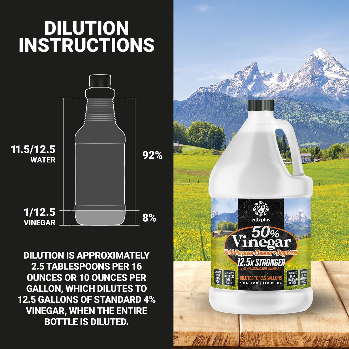 Calyptus 50% Pure Concentrated Vinegar | Maximum-Performance (12.5X) Power | Technical Grade | Dilutes Easily to 5% Acidity (1.5 Cups per Gallon) | Home and Outdoor Cleaning Concentrate | 4 Gallon