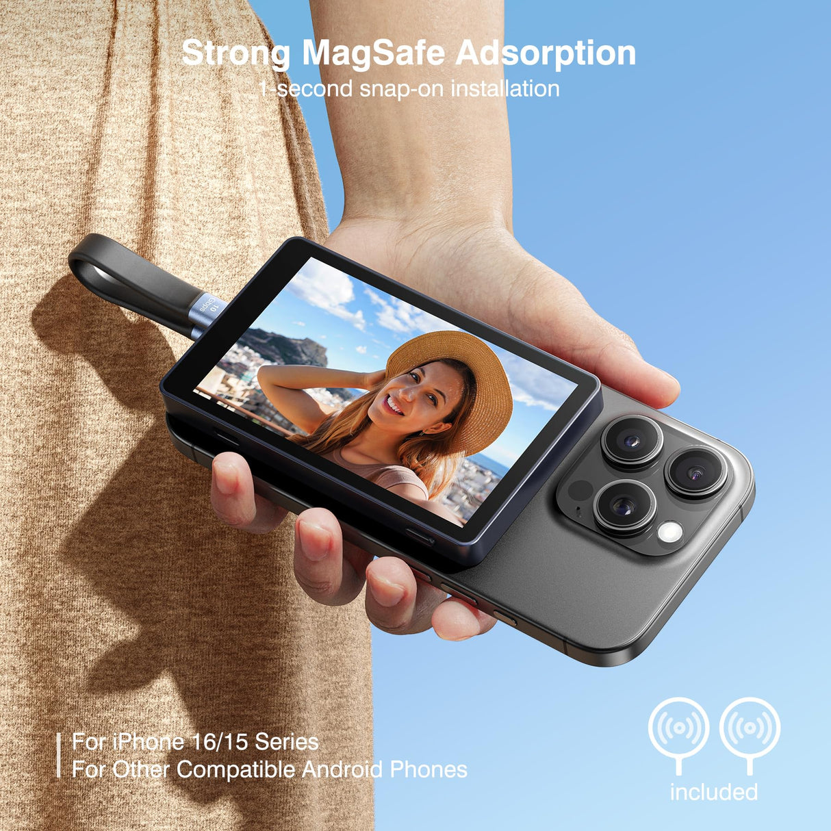 Vlog Selfie Monitor Screen, Magnetic Phone Vlog Selfie Monitor Screen 4K 30fps Bluetooth Remote, Back Camera Monitor for Vlog Live Stream TikTok, Compatible with iPhone & Android