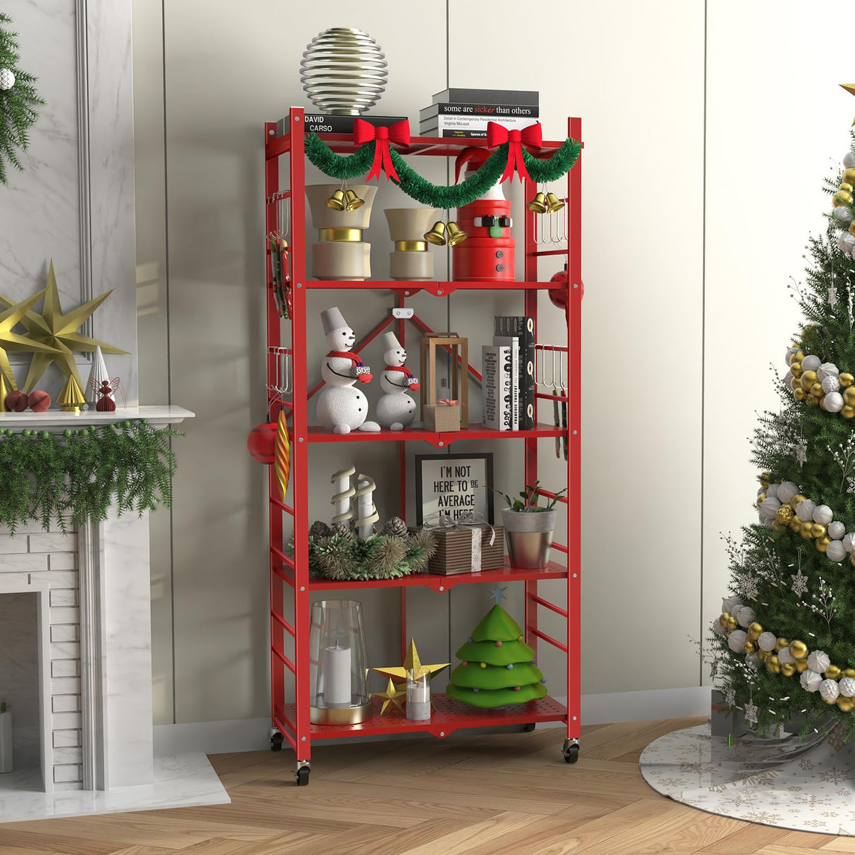 Storage Shelves with 20 Hooks, 5-Tier Foldable Shelves for Storage, Folding Utility Shelf Unit Pantry Shelf with Wheels, Metal Shelving Unit Rack for Garage Christmas Room, Red - No Assembly