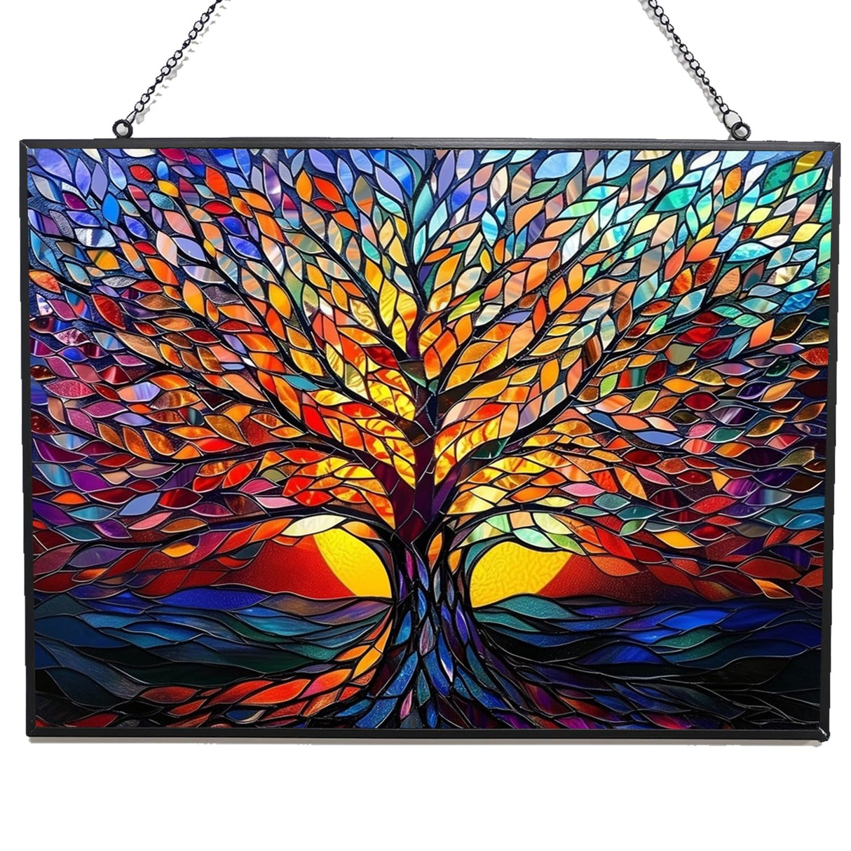 HYPESTYLE Rectangle Tree of Life Stained Glass Window Hanging, 15" W X 11" H Stained Glass Panel with Chain, Suncatchers for Windows Hanging Decorations, Gifts for Mom, Grandma, Wife, Sister