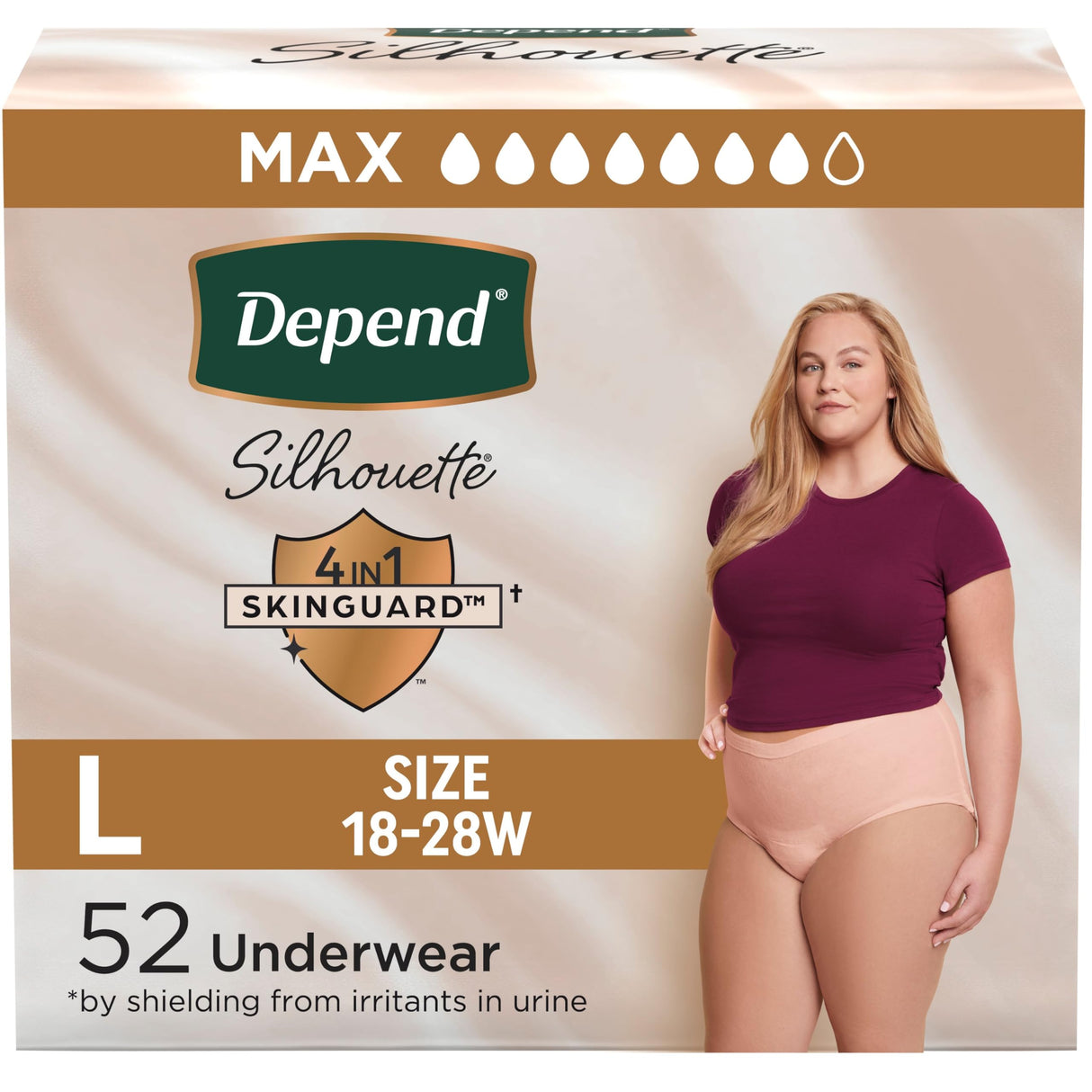 Depend Silhouette Adult Incontinence & Postpartum Bladder Leak Underwear for Women, Maximum Absorbency, Large, Pink, 52 Count (2 Packs of 26), Packaging May Vary