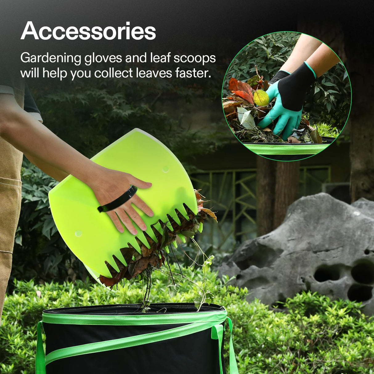 VIVOSUN 47-Gallon Collapsible Garden Bag, Yard Waste Bin with Hard-Shell Bottom, Leaf Scoops and Gloves, Collapsible Yard Waste Containers for Lawn Care and Camping, 2-Pack
