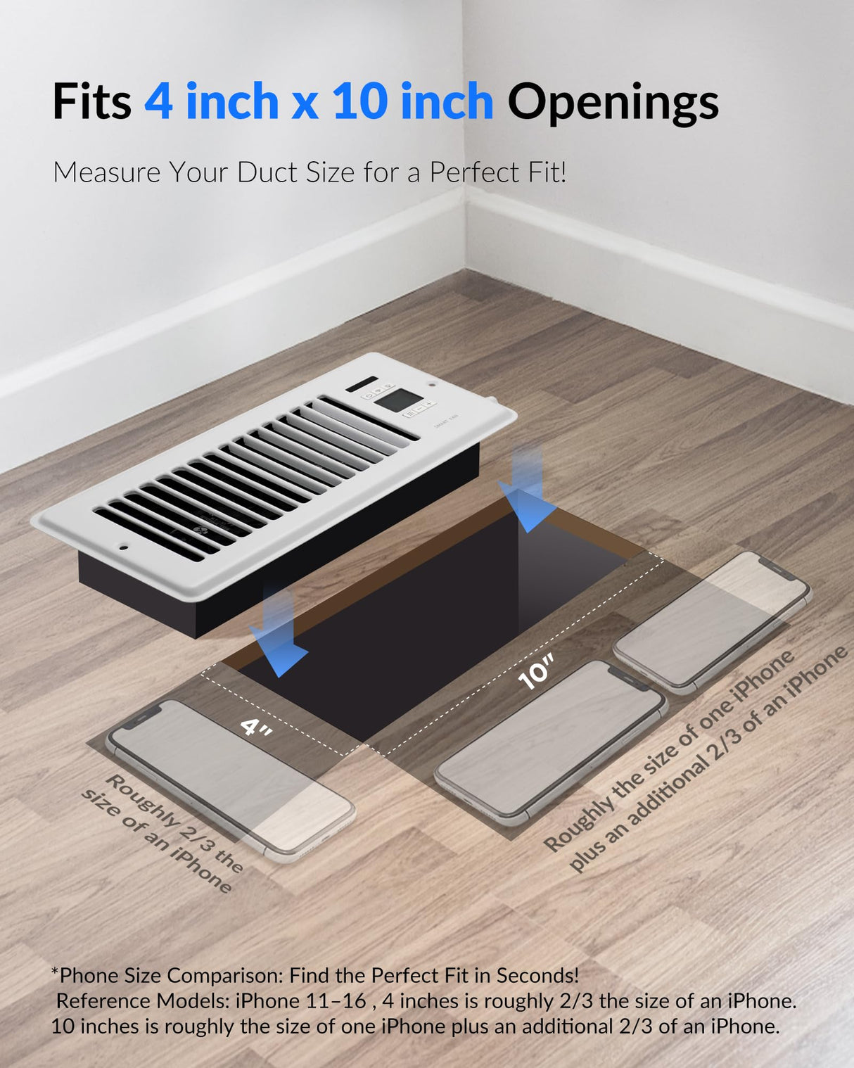 Super Quiet Register Booster Fan for 4" x 10" Register Holes, Smart Register Vent with Dual Intelligent Thermostat and WIFI App Control, Heating Cooling AC Vent Fan (White)