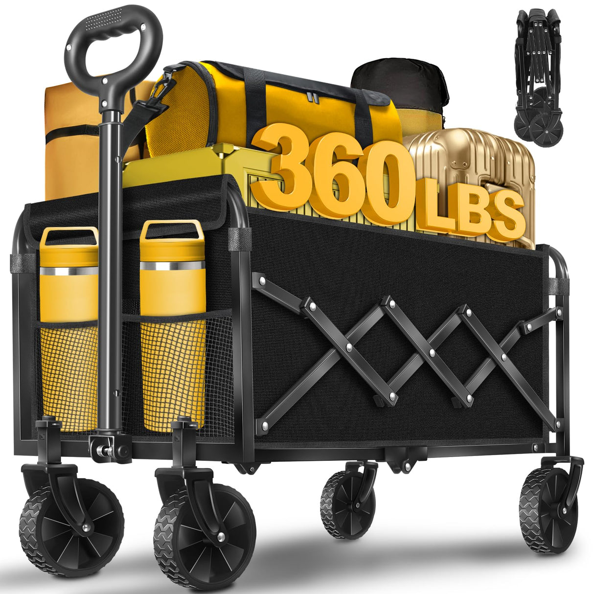 Wagon Cart Foldable, 360Lbs Collapsible Wagon Cart with Wheels Portable, Outdoor Utility Carts for Groceries, Camping, Sports, Garden, Shopping, Black