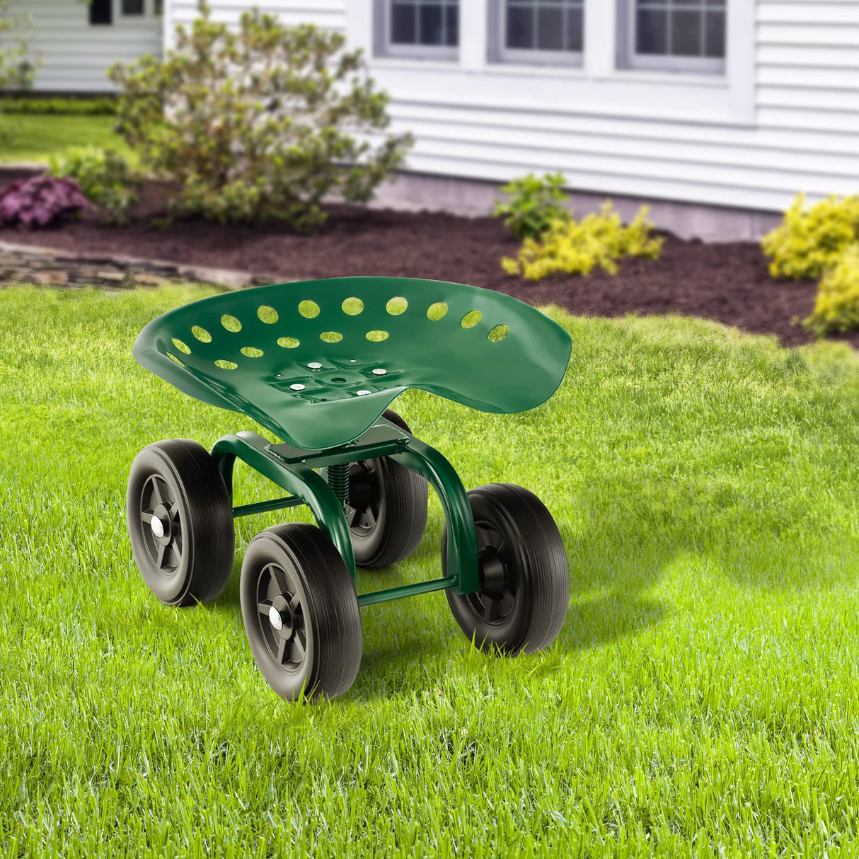 Toolsempire Garden Cart with Seat, Heavy-Duty Rolling Outdoor Wagon Scooter w/Height Adjustable & 360° Swivel Seat, Gardening Work Seat Stool, Patio Scooter on Wheels for Lawn Yard Planting (Green)