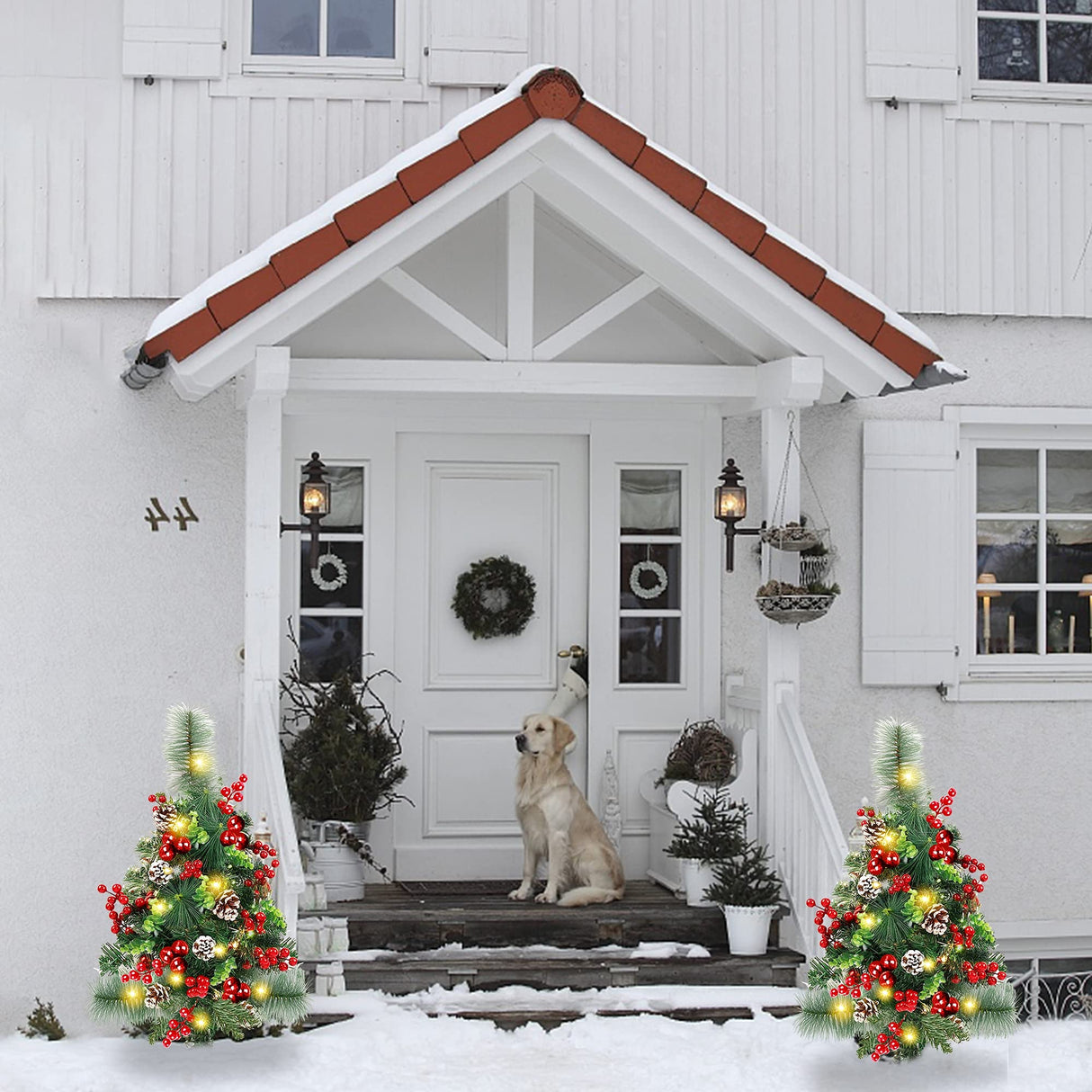 GUOOU Set of 2 Pathway Christmas Tree Urn Filler, Lighted Artificial Mini Xmas Trees with Lights, Outdoor Christmas Decorations for Porch, Driveway, Yard (5 Pine Cones)