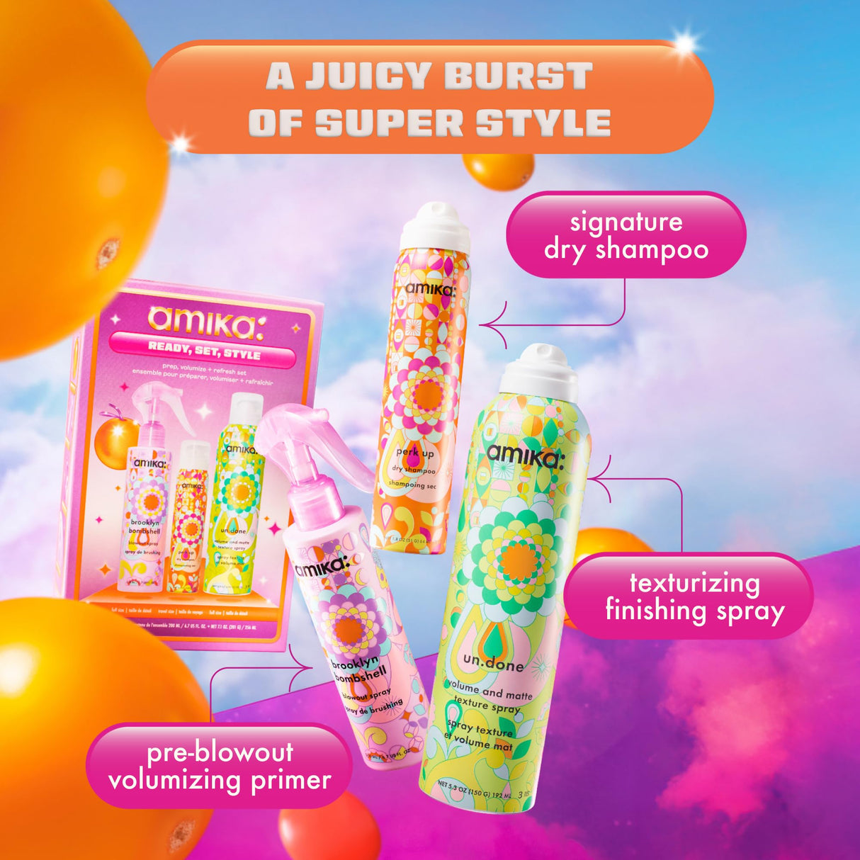 amika ready, set, style: prep, volumize + refresh set